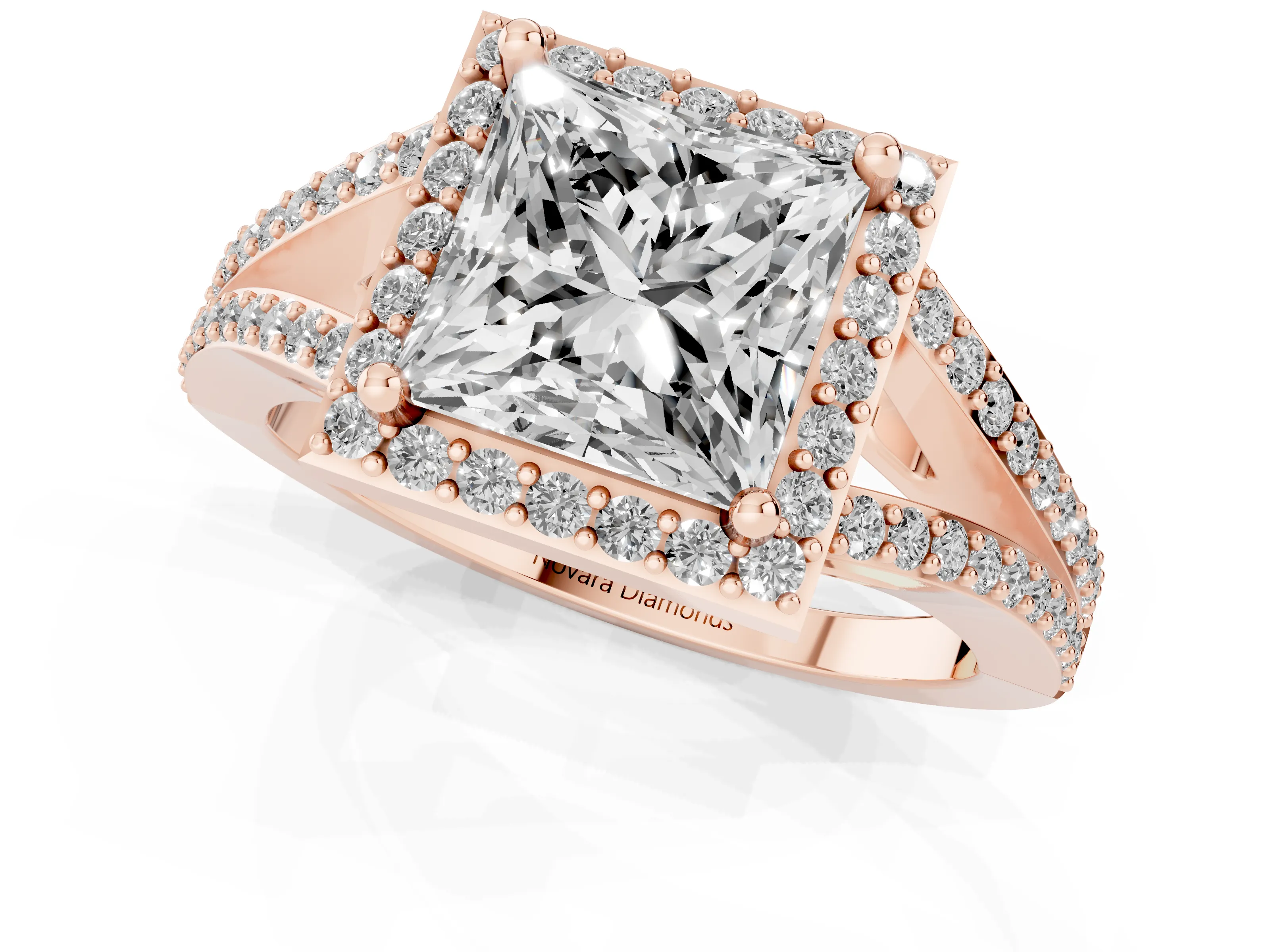 Princess Cut Diamond Halo Split Shank Pavé Ring Set in Rose gold with Prong Setting
