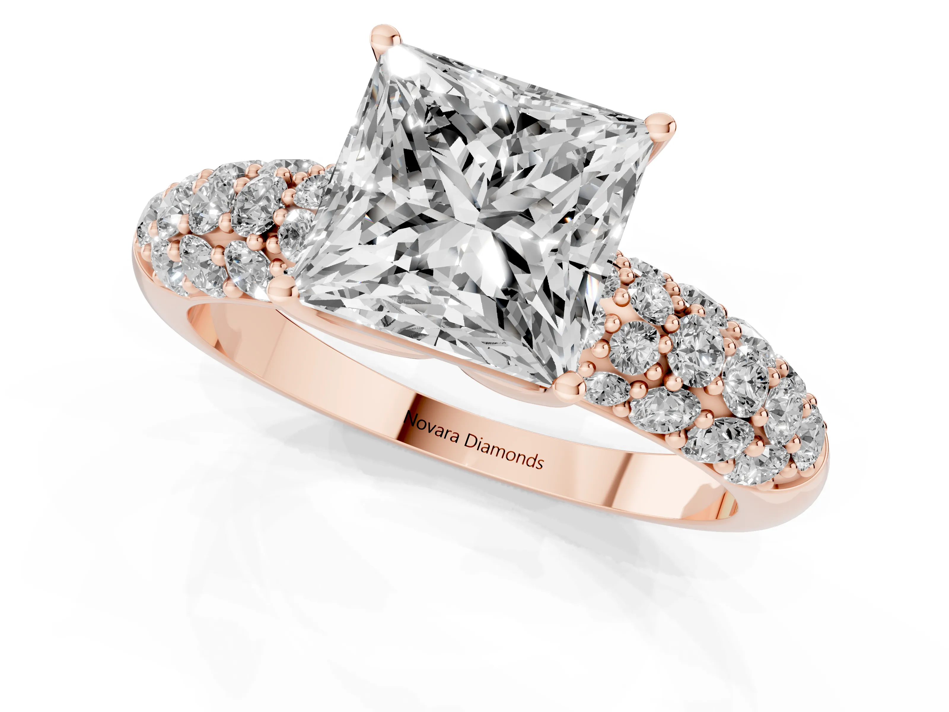 Princess Cut Diamond Pavé Band Solitaire Ring Set in Rose gold with Close-Set Accent Stones and Prong Setting