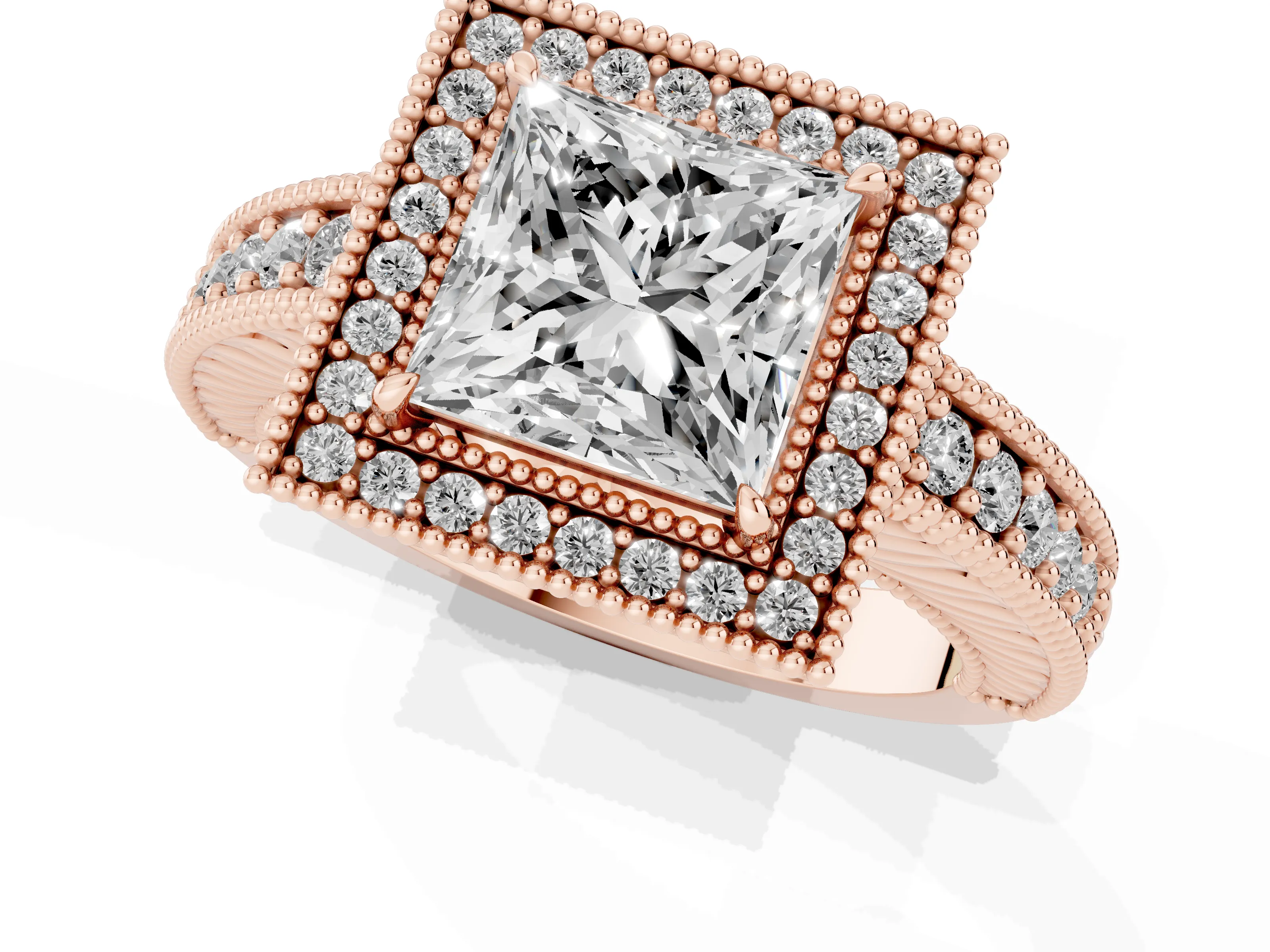 Princess Cut Diamond Halo Ring Set in Rose gold with Round Accent Halo, Pavé Band and Prong Setting