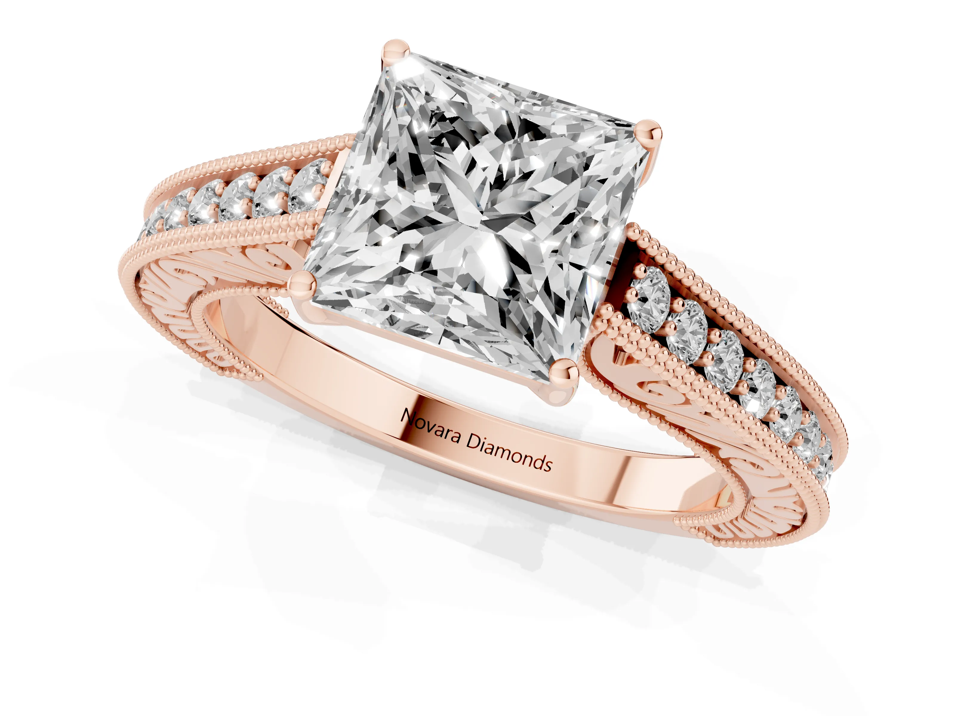 Princess Cut Diamond Milgrain Pavé Band Solitaire Ring Set in Rose gold with Prong Setting