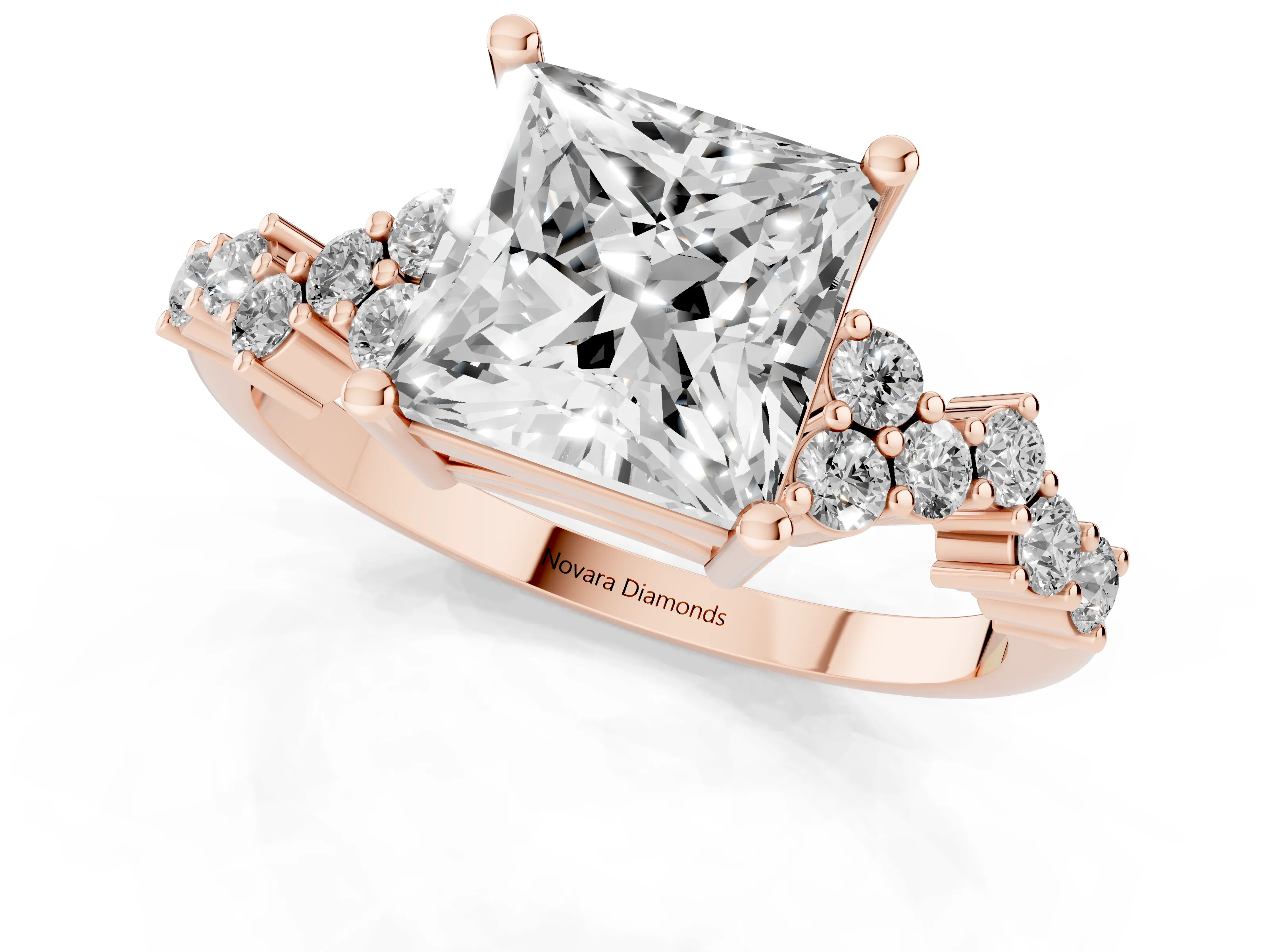 Princess Cut Diamond Ring Set in Rose gold with Scattered Round Accents