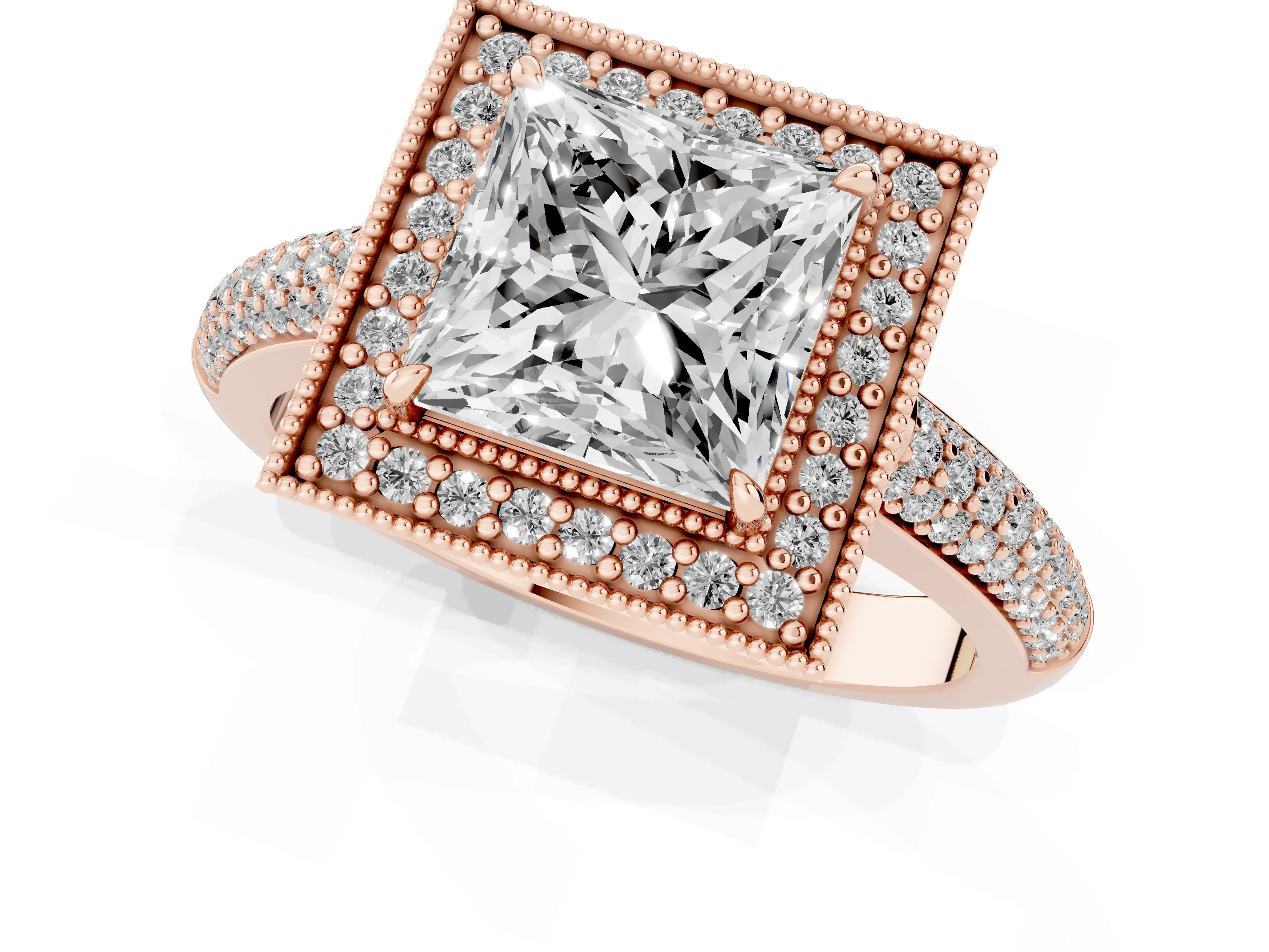 Princess Cut Diamond Halo Pavé Band Set in Rose gold with Prong Setting