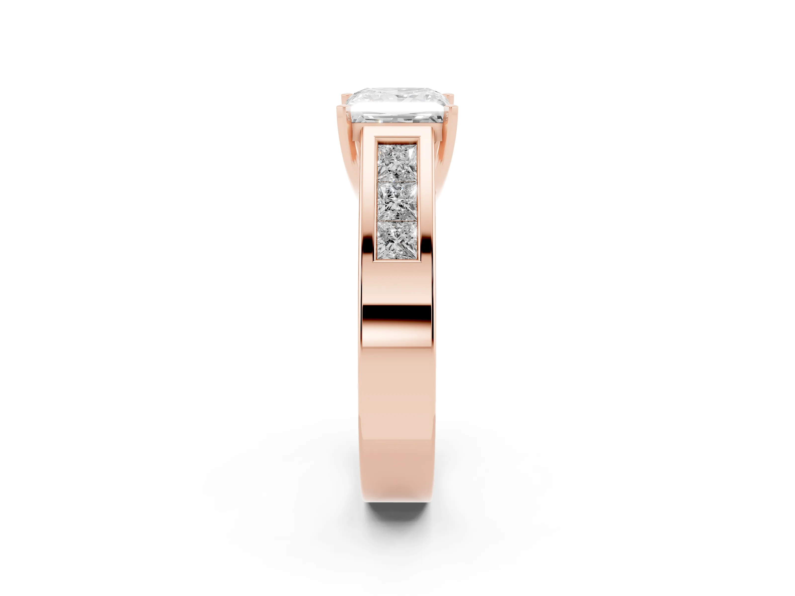 Princess Cut Diamond Solitaire Ring Set in Rose gold with Channel-Set Accent Stones and Prong Setting