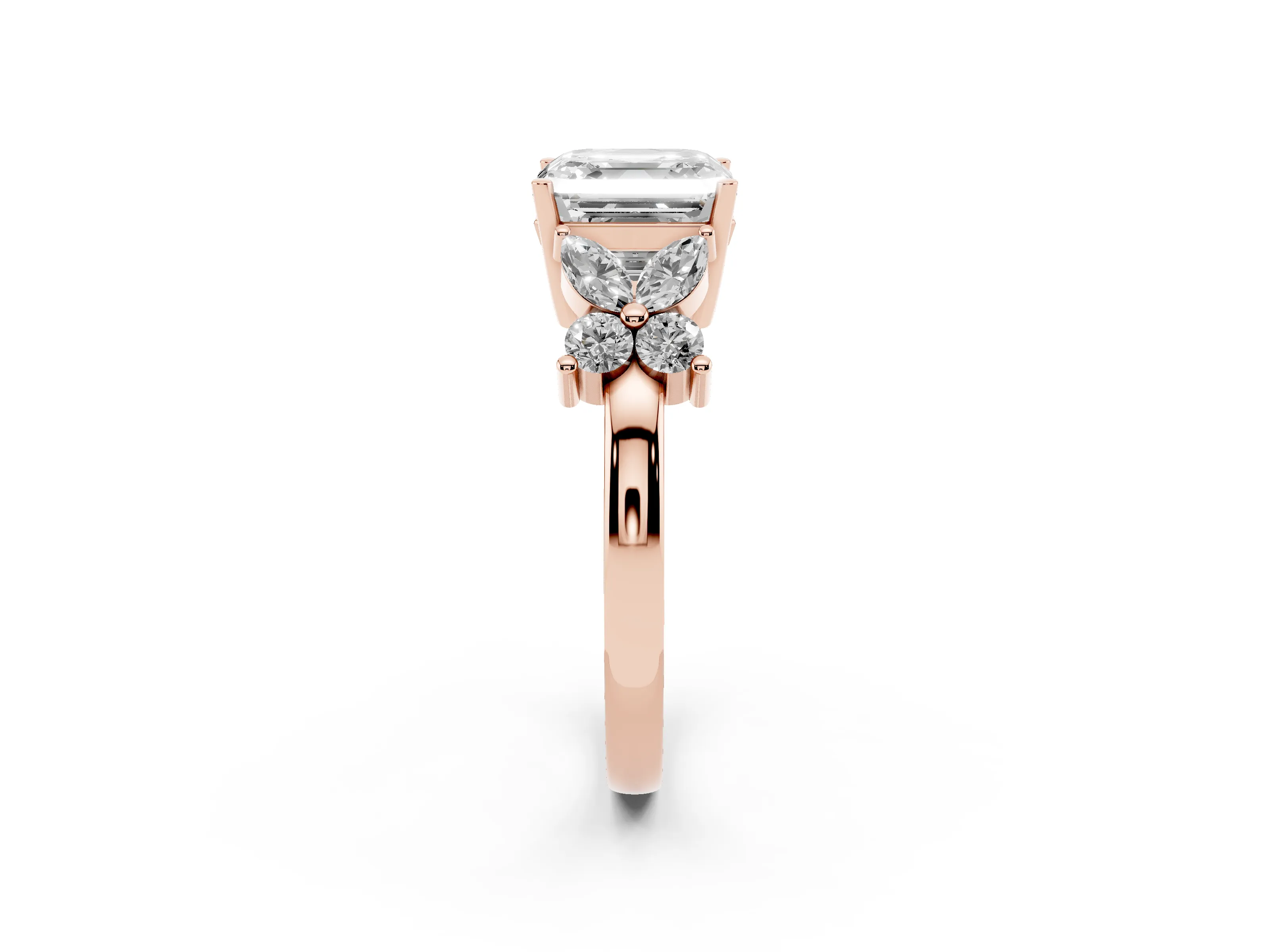 Princess Cut Diamond Floral Cluster Ring Set in Rose gold with Marquise Petals and Prong Setting