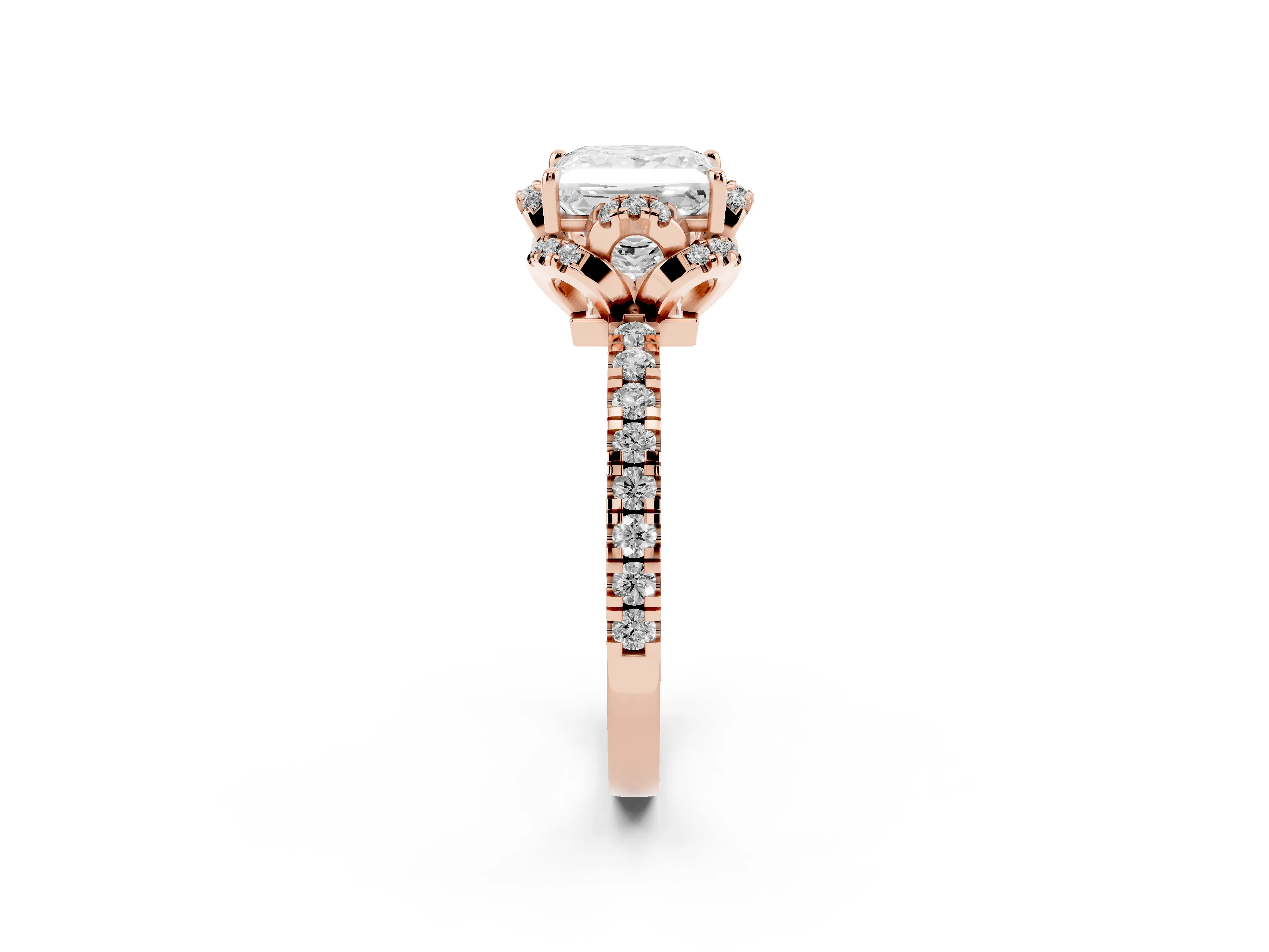 Princess Cut Diamond Halo Pavé Band Ring Set in Rose gold with Prong-Held Center