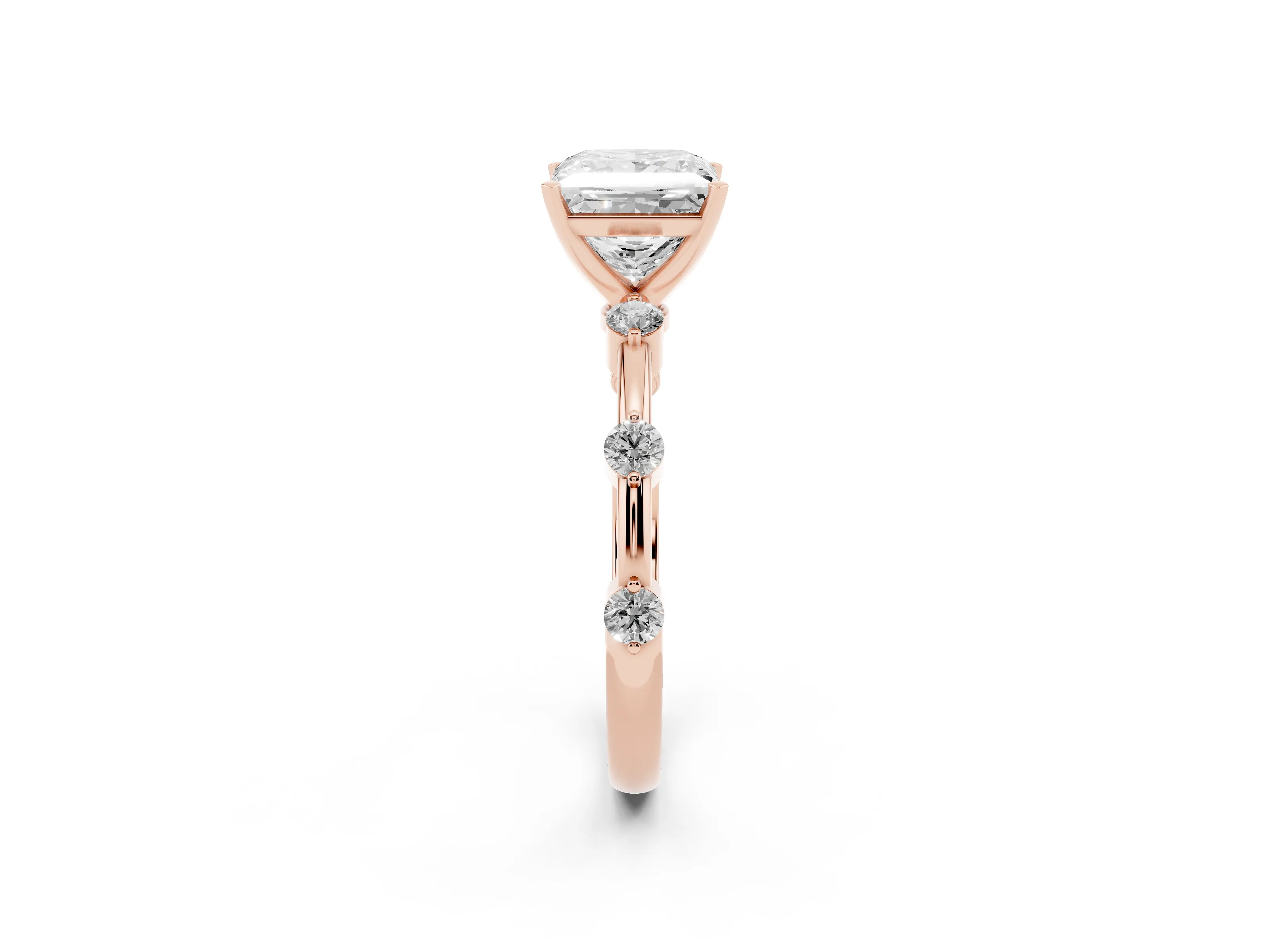 Princess Cut Diamond Solitaire Ring Set in Rose gold with Bezel Set Side Stones and Prong Setting