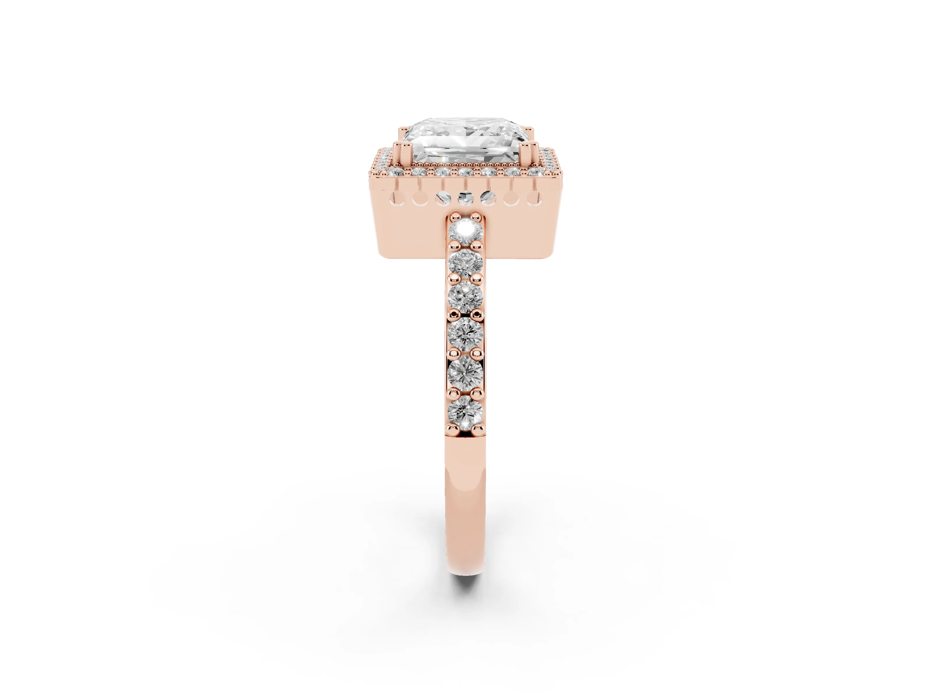 Princess Cut Diamond Halo Engagement Ring Set in Rose gold with Milgrain Detail and Pavé Band