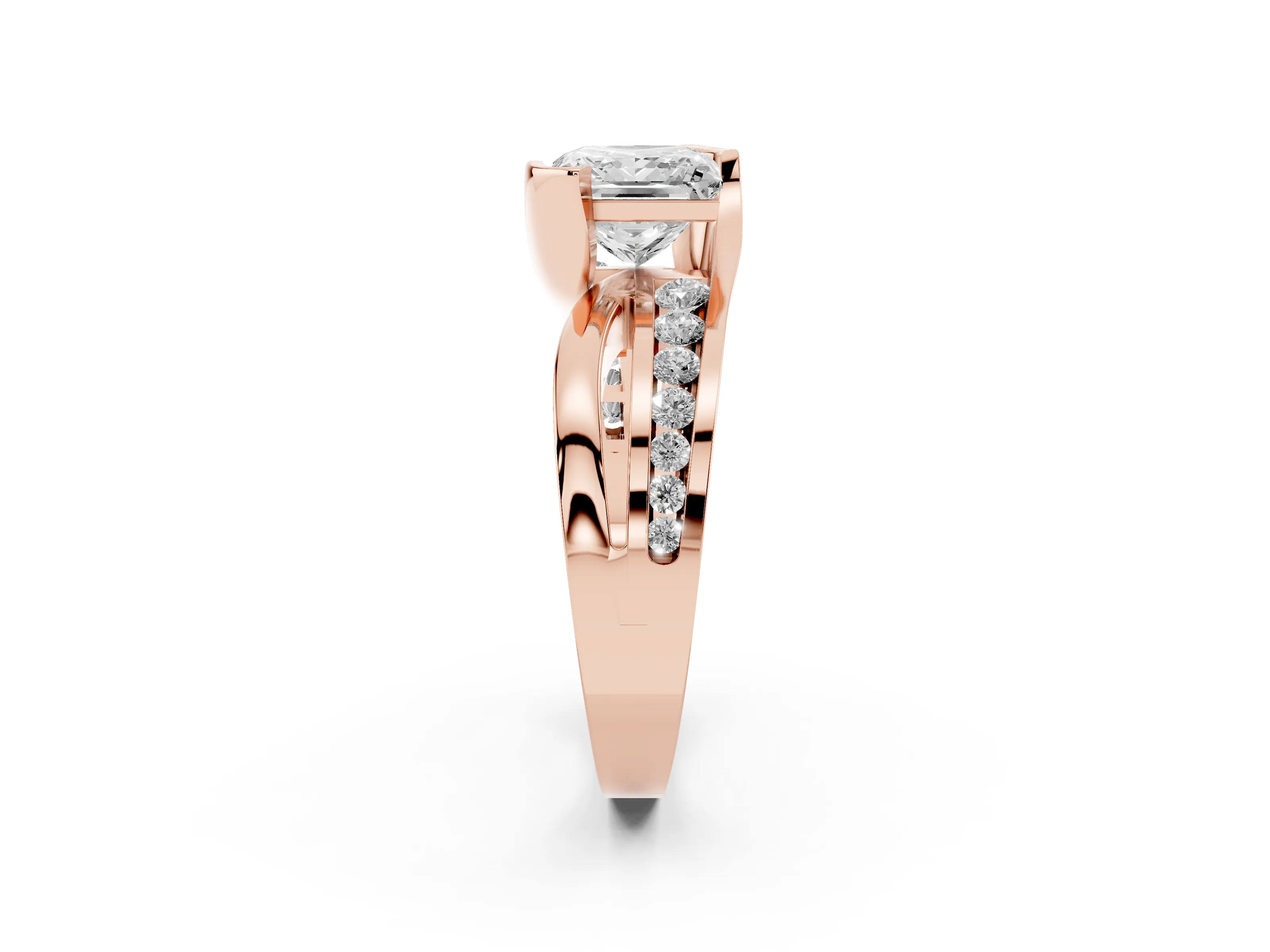 Princess Cut Diamond Solitaire Ring Set in Rose gold with Channel Set Split Shank and Tension Prongs