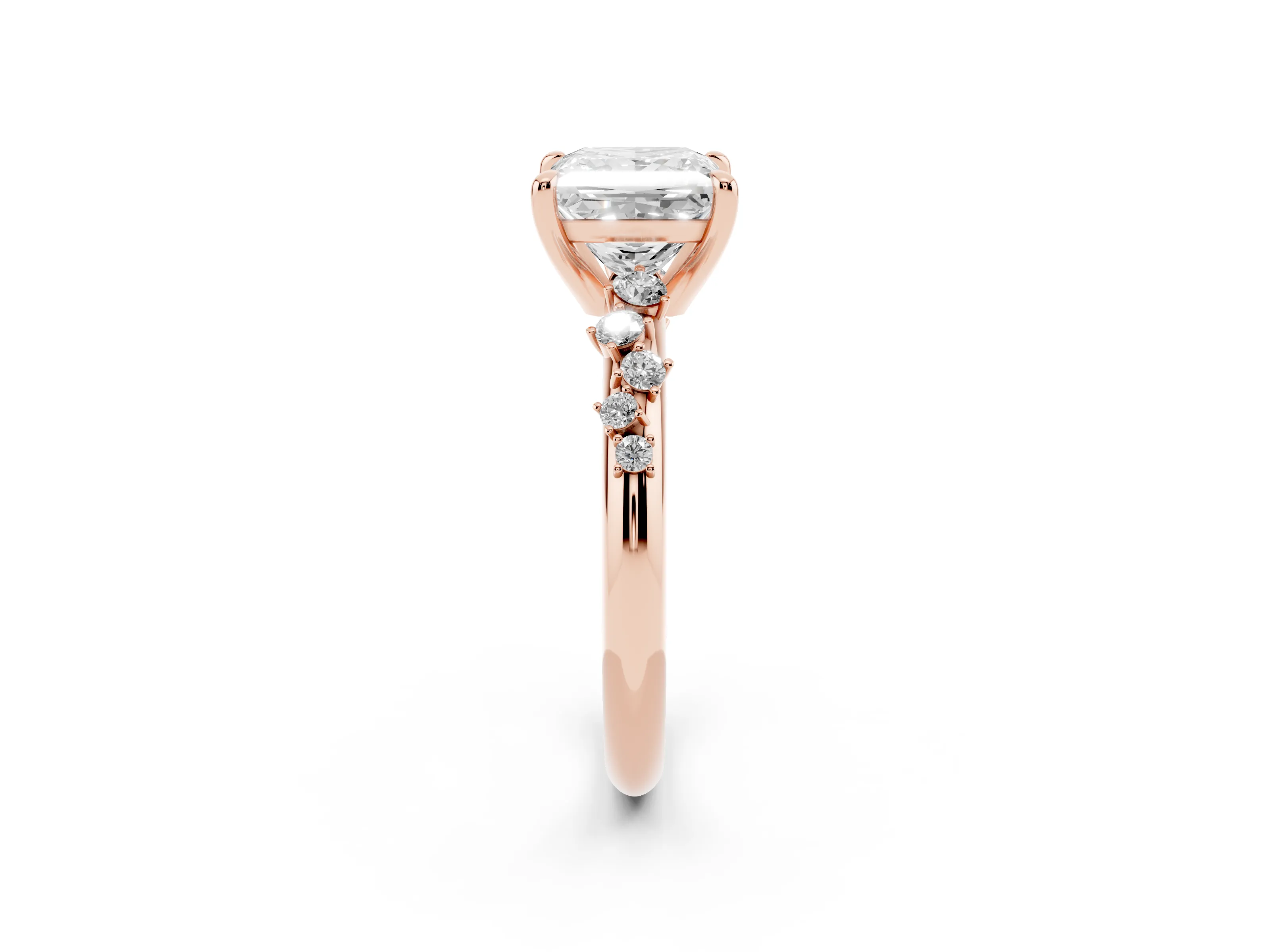 Princess Cut Diamond Solitaire Vine Band Ring Set in Rose gold with Round Accents and Prong Setting