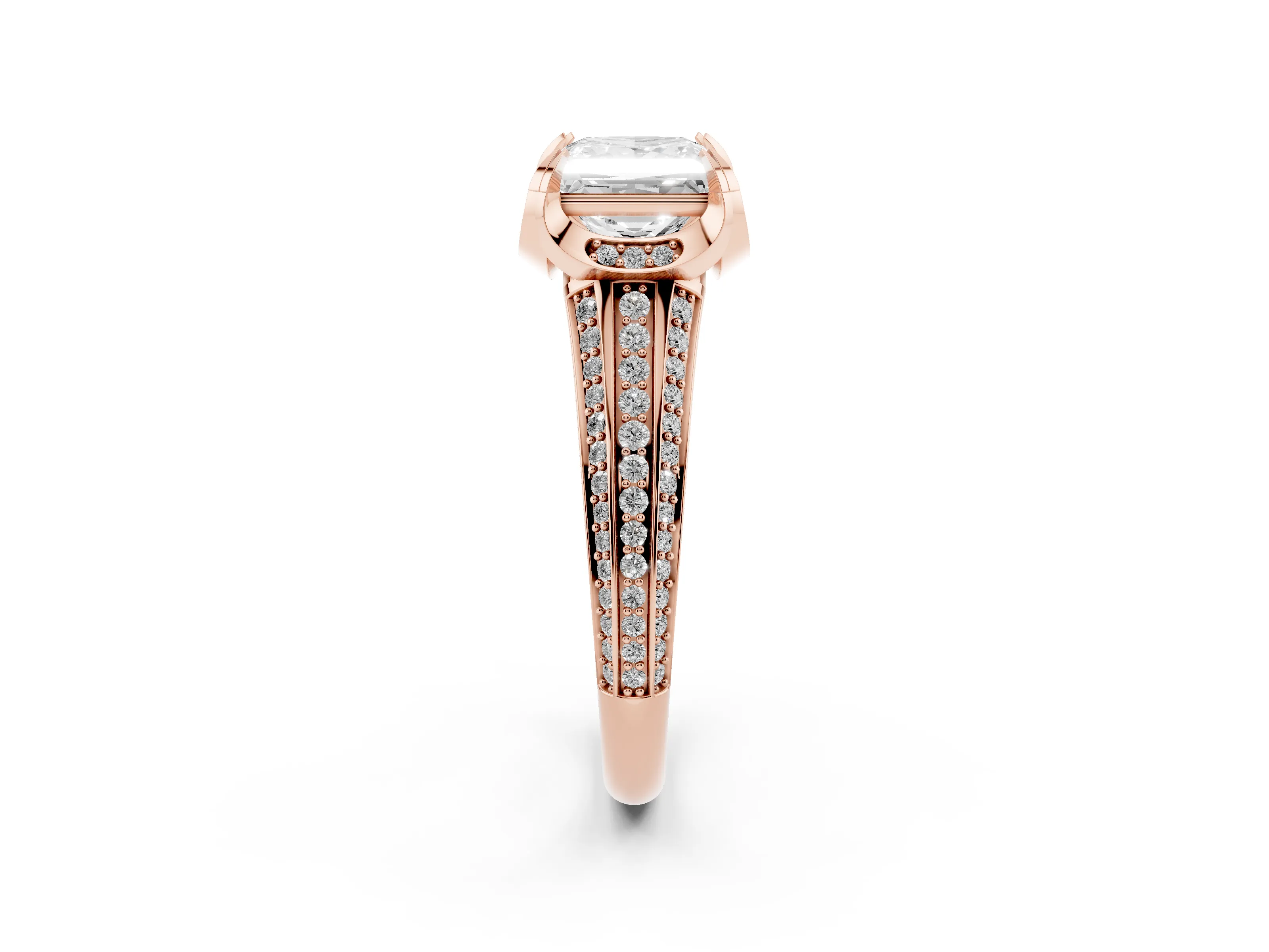 Princess Cut Diamond Pavé Split Shank Solitaire Ring Set in Rose gold with Prong Setting