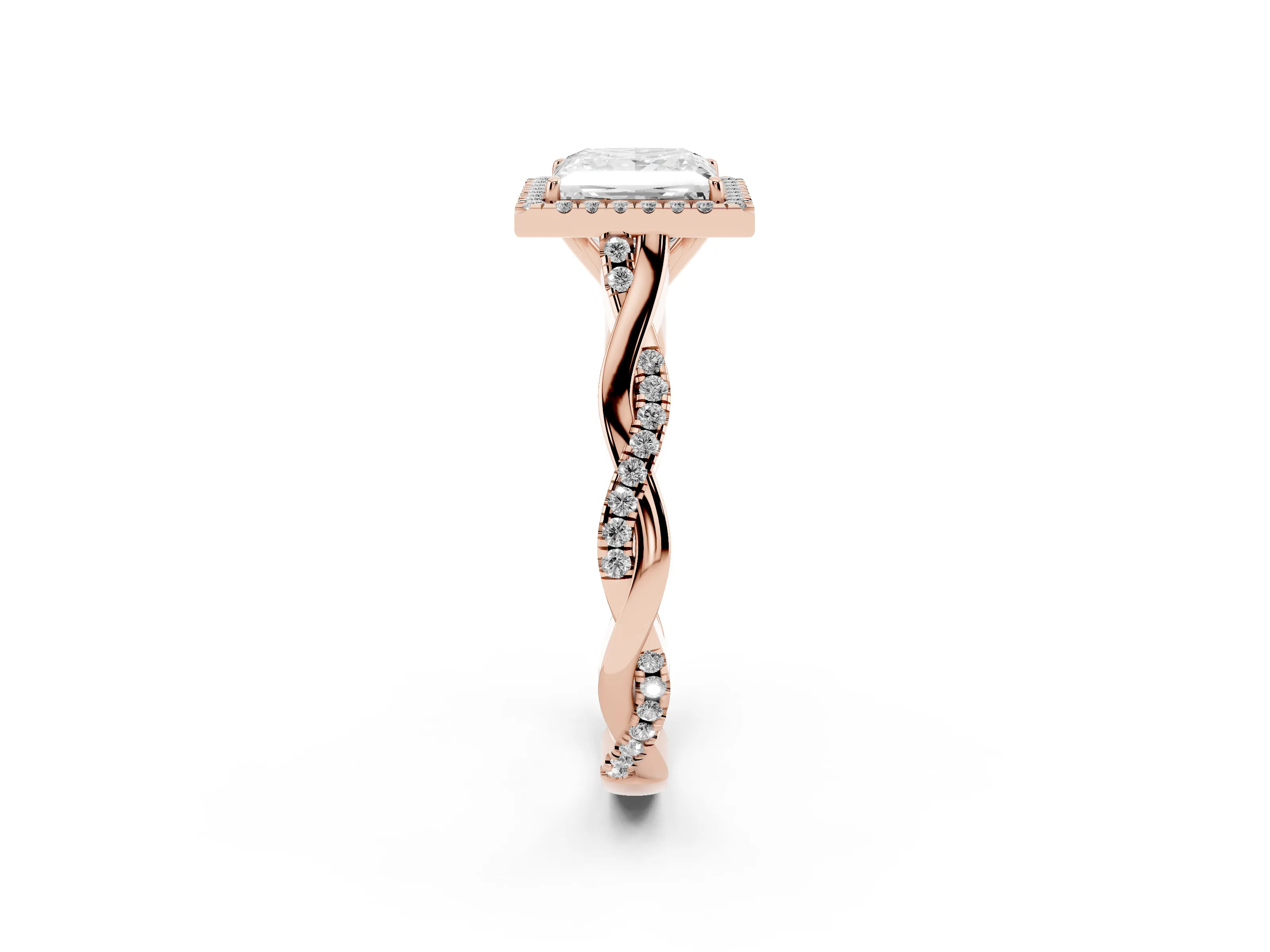 Princess Cut Diamond Halo Twist Band Solitaire Ring Set in Rose gold with Prong Setting