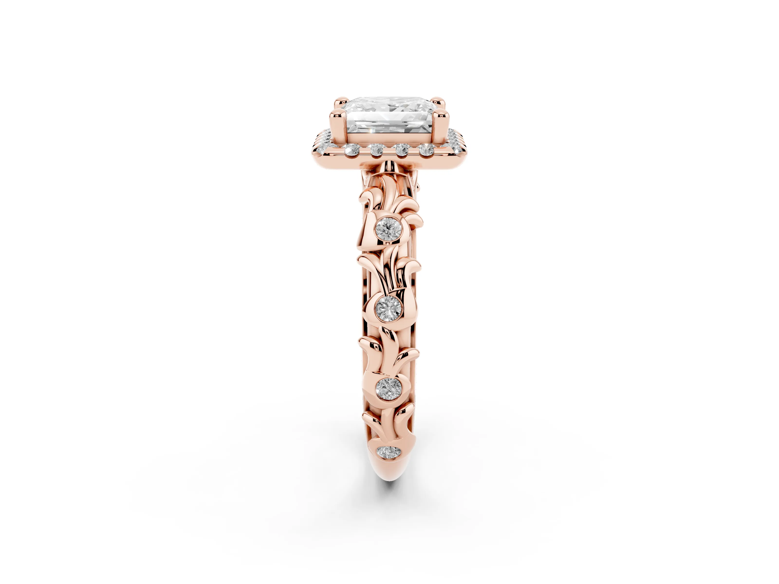 Princess Cut Diamond Halo Ring Set in Rose gold with Filigree Leaf Band and Prong Setting