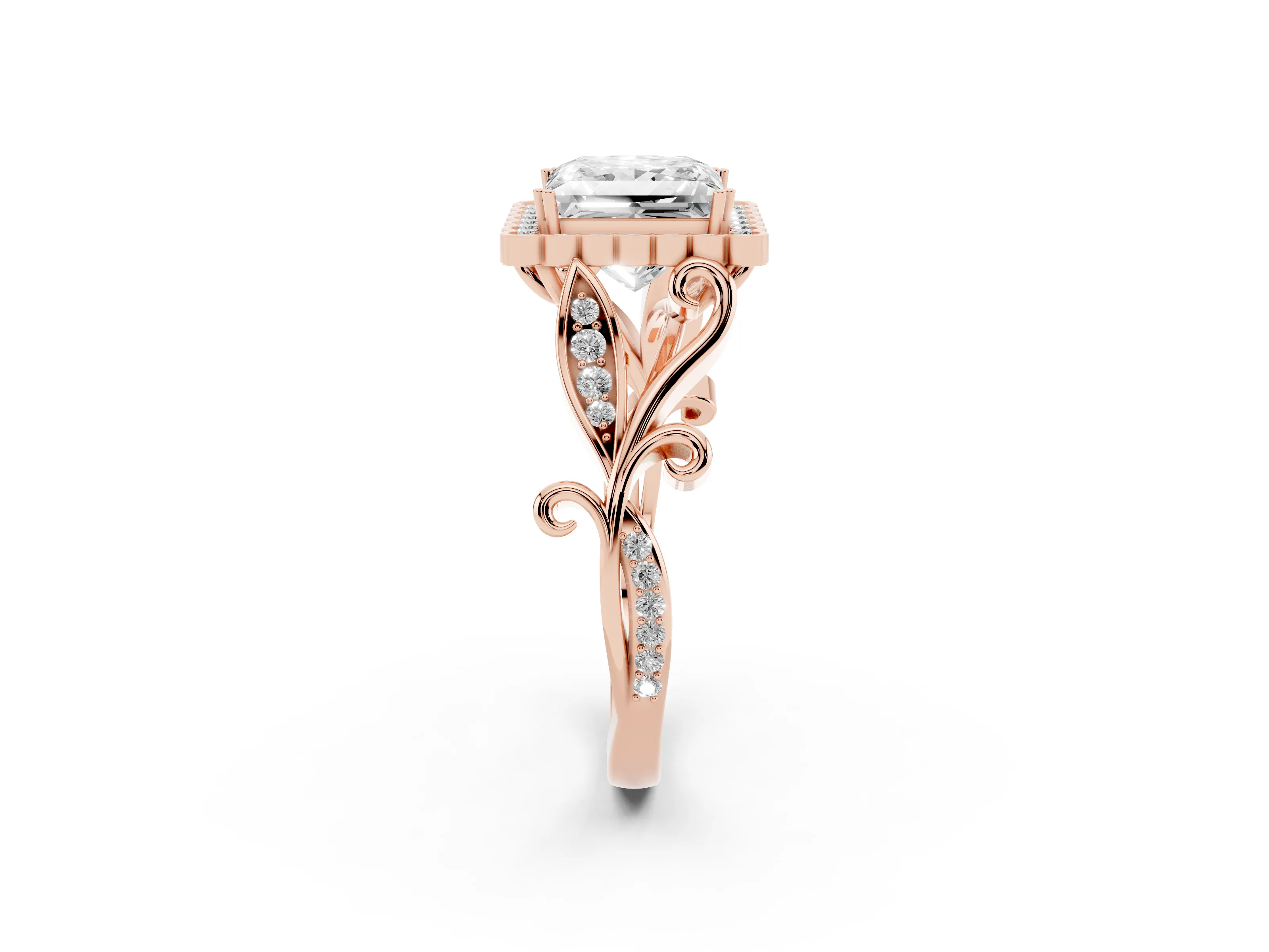 Princess Cut Diamond Halo Ring Set in Rose gold with Leaf Motif Split Shank and Prong Setting