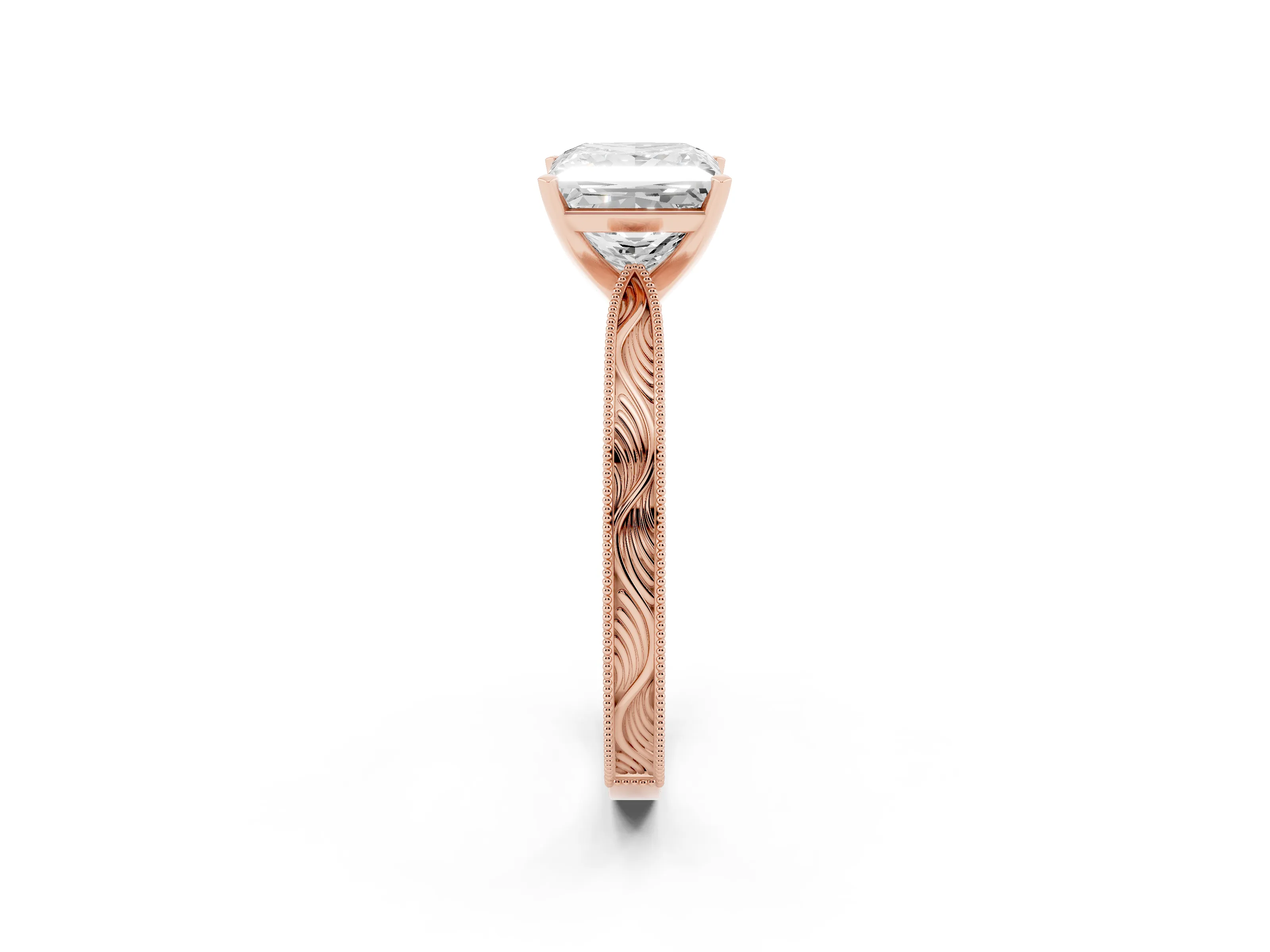 Princess Cut Diamond Solitaire Milgrain Engraved Band Set in Rose gold with Prong Setting