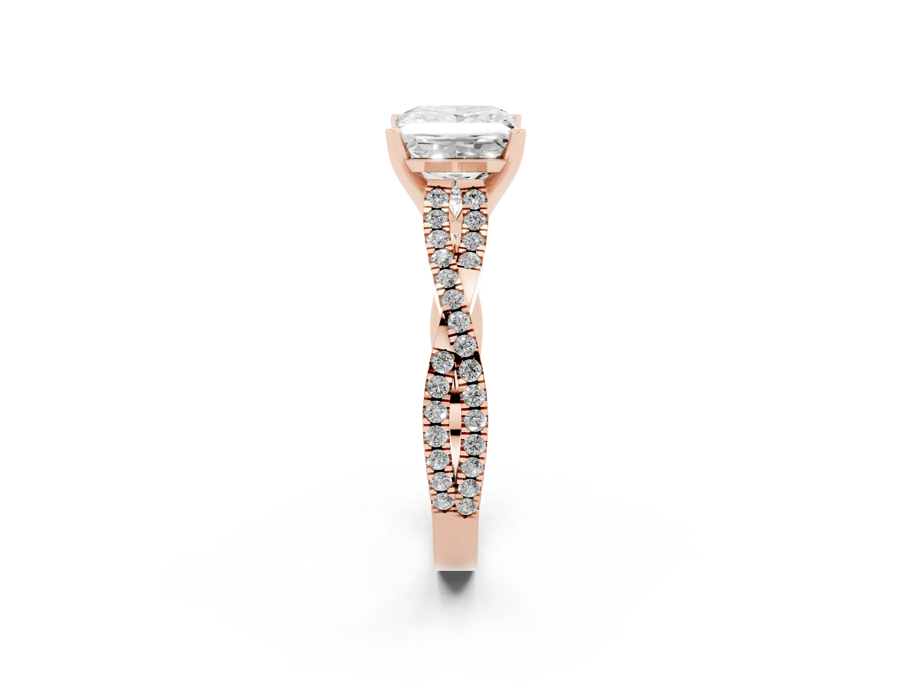 Princess Cut Diamond Solitaire Engagement Ring Set in Rose gold with Twisted Pavé Band and Prong Setting