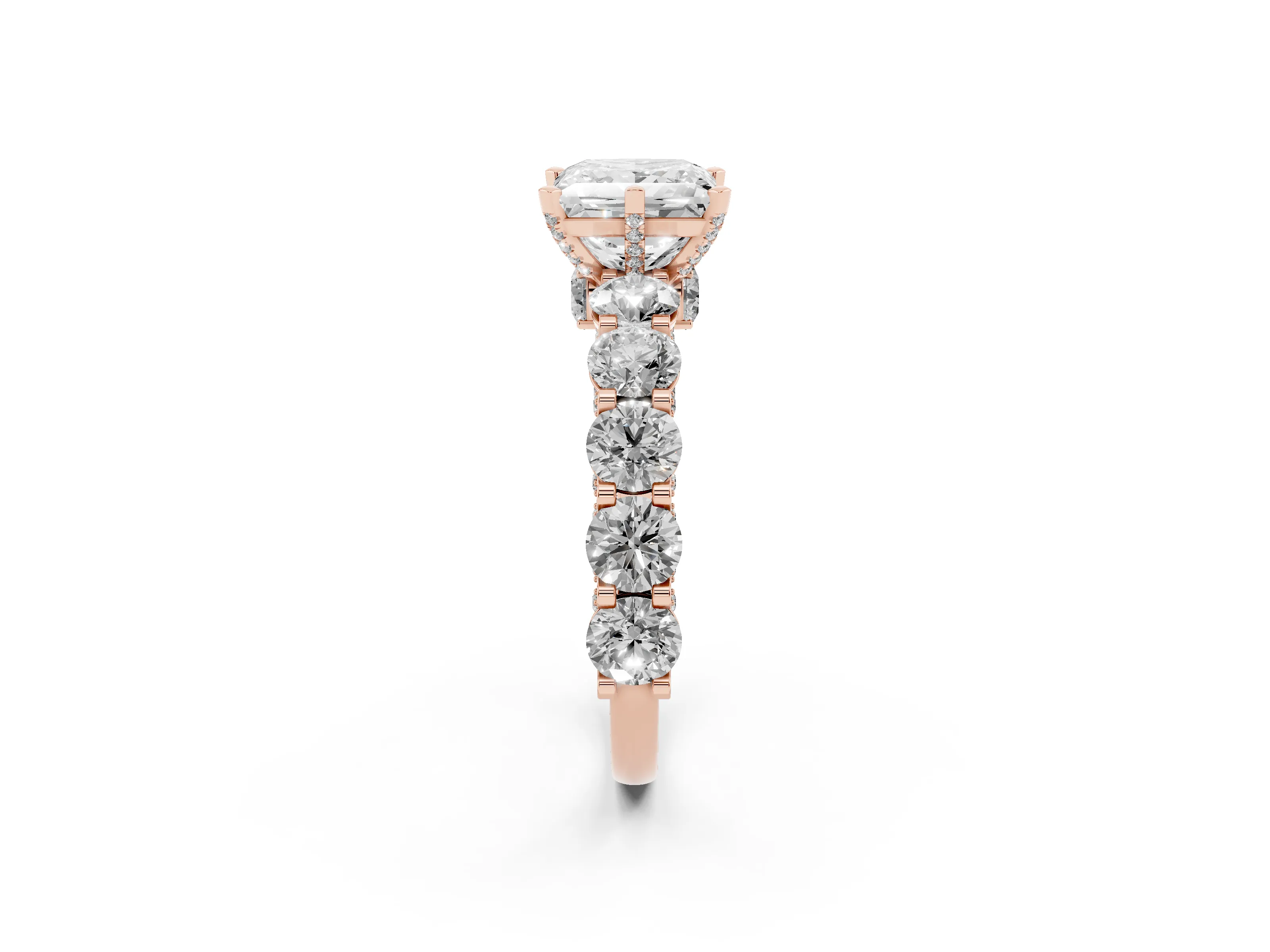 Princess Cut Diamond Side Stone Ring Set in Rose gold with Alternating Round and Oval Side Stones