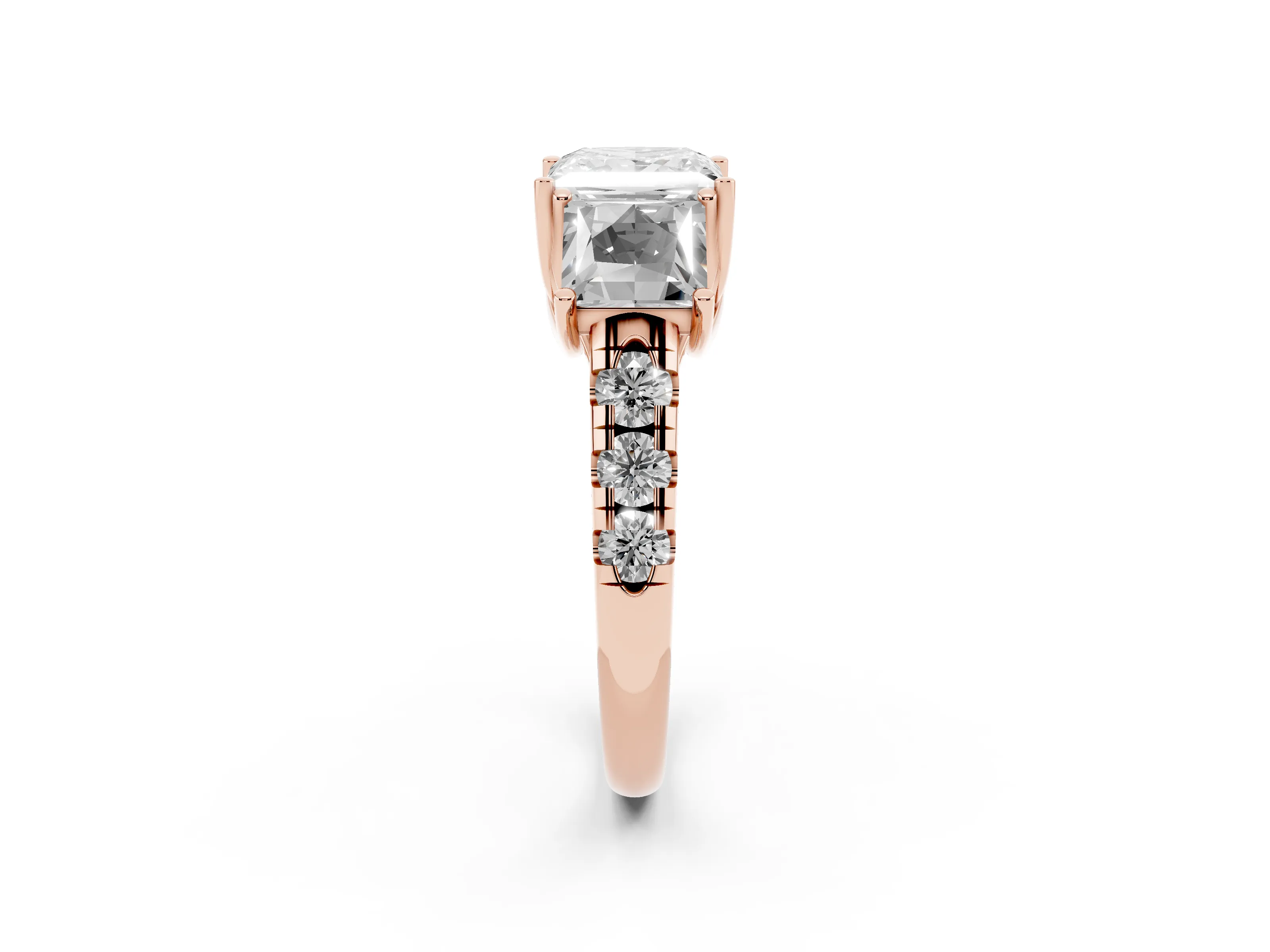 Princess Cut Diamond Three-Stone Ring Set in Rose gold with Pavé Band