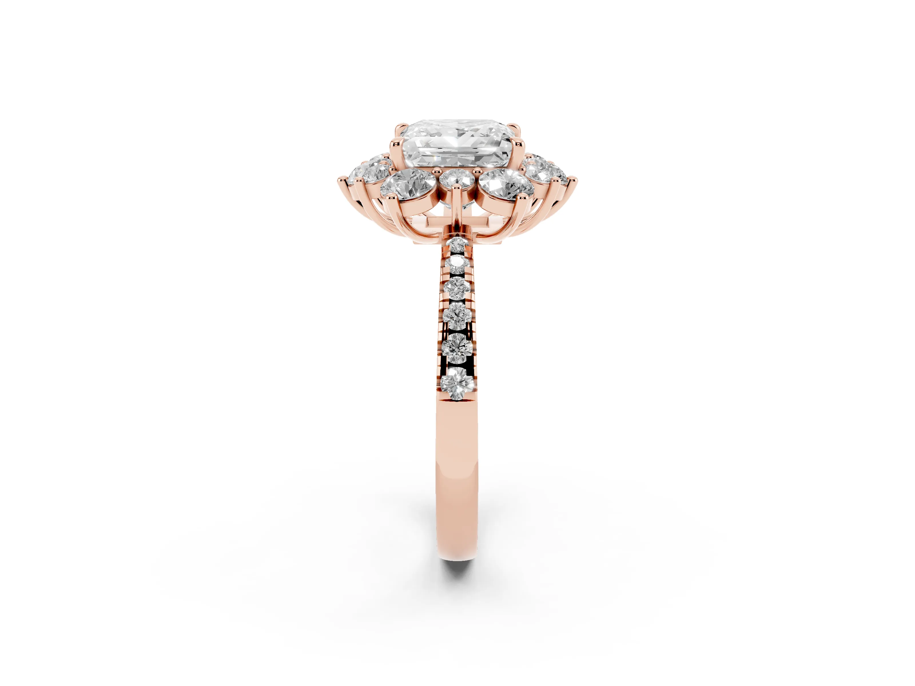 Princess Cut Diamond Floral Halo Ring Set in Rose gold with Round Pavé Band and Prong Setting