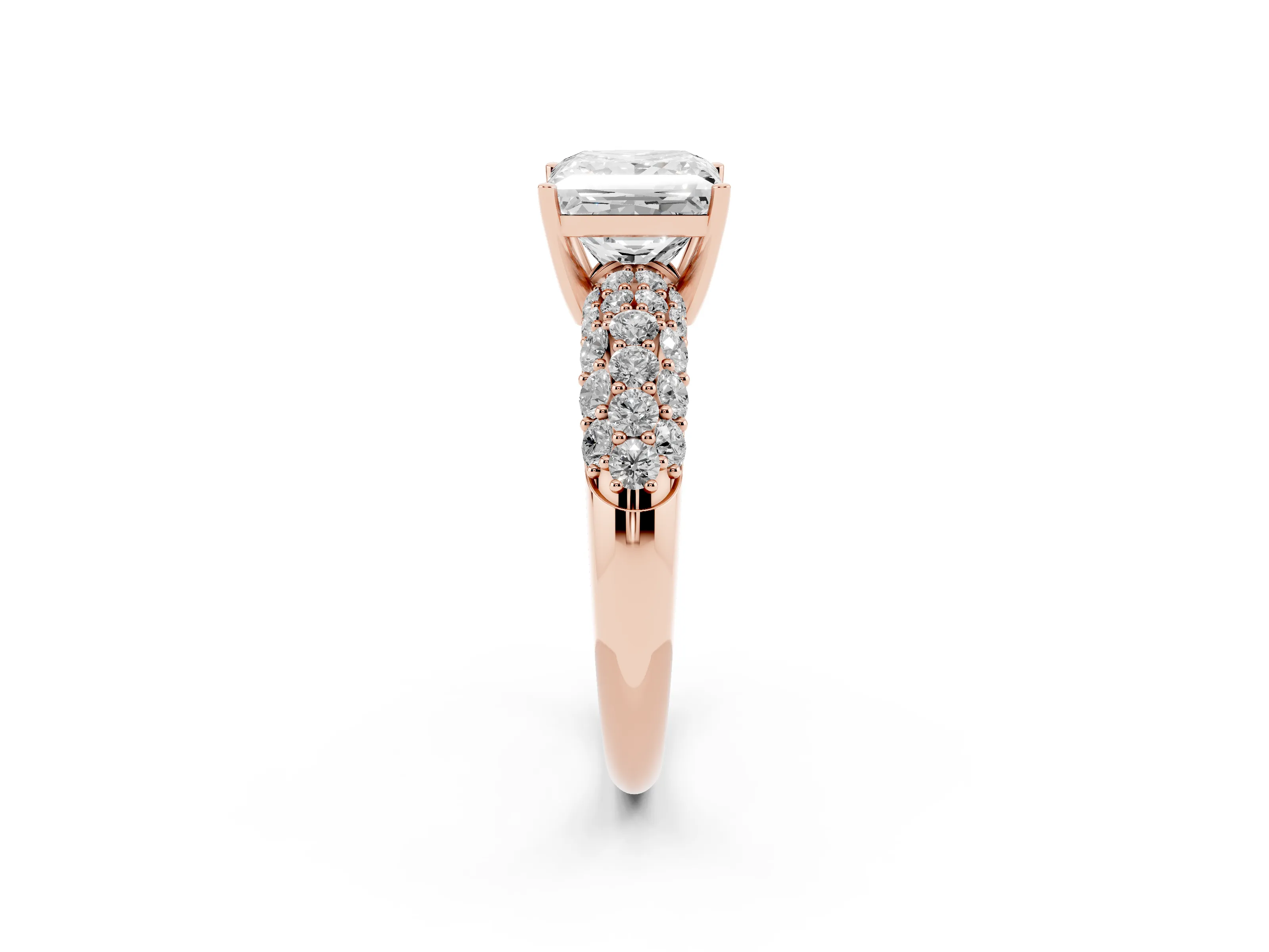 Princess Cut Diamond Pavé Band Solitaire Ring Set in Rose gold with Close-Set Accent Stones and Prong Setting