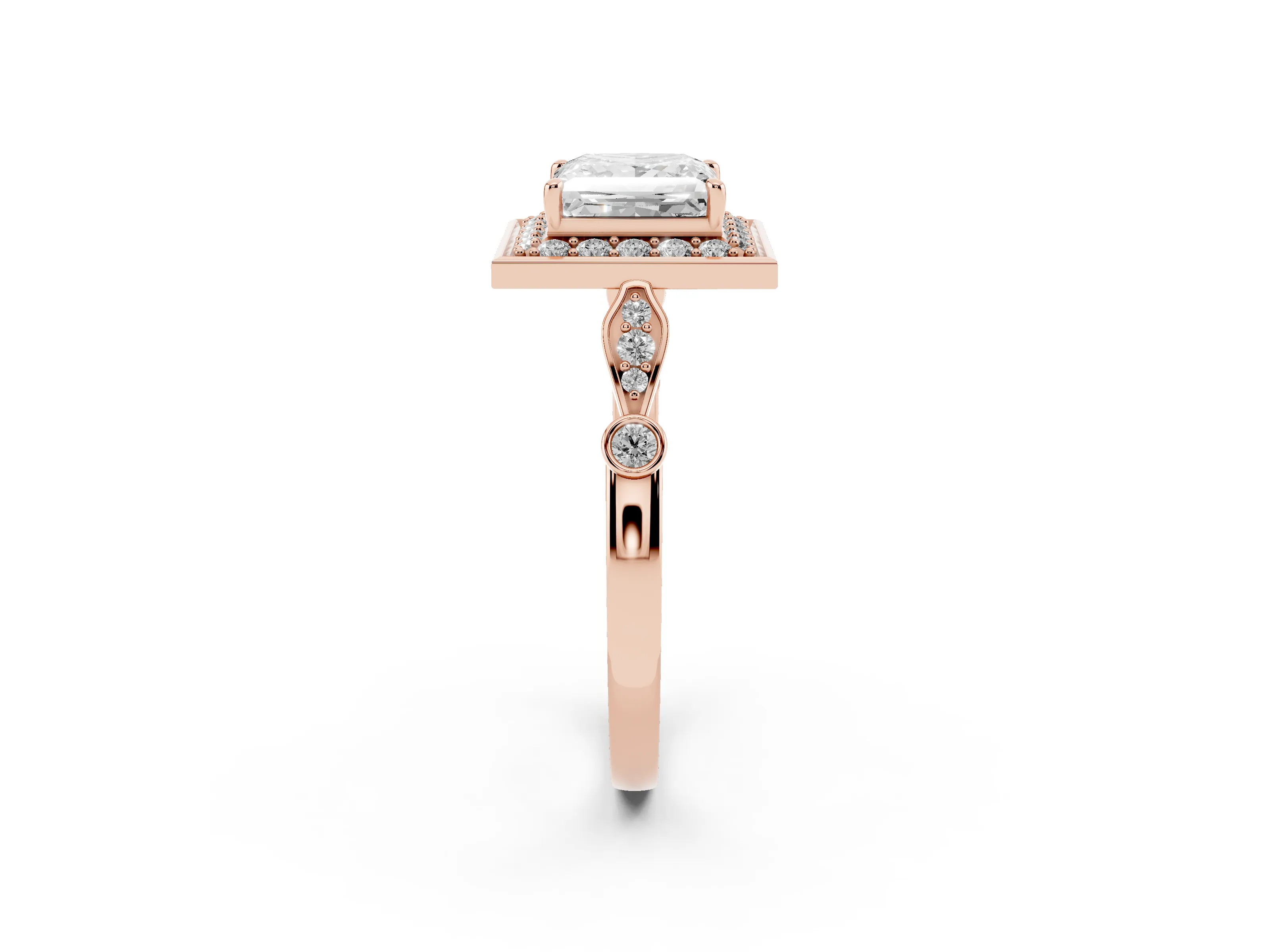 Princess Cut Diamond Halo Engagement Ring Set in Rose gold with Twisted Band and Prong Setting