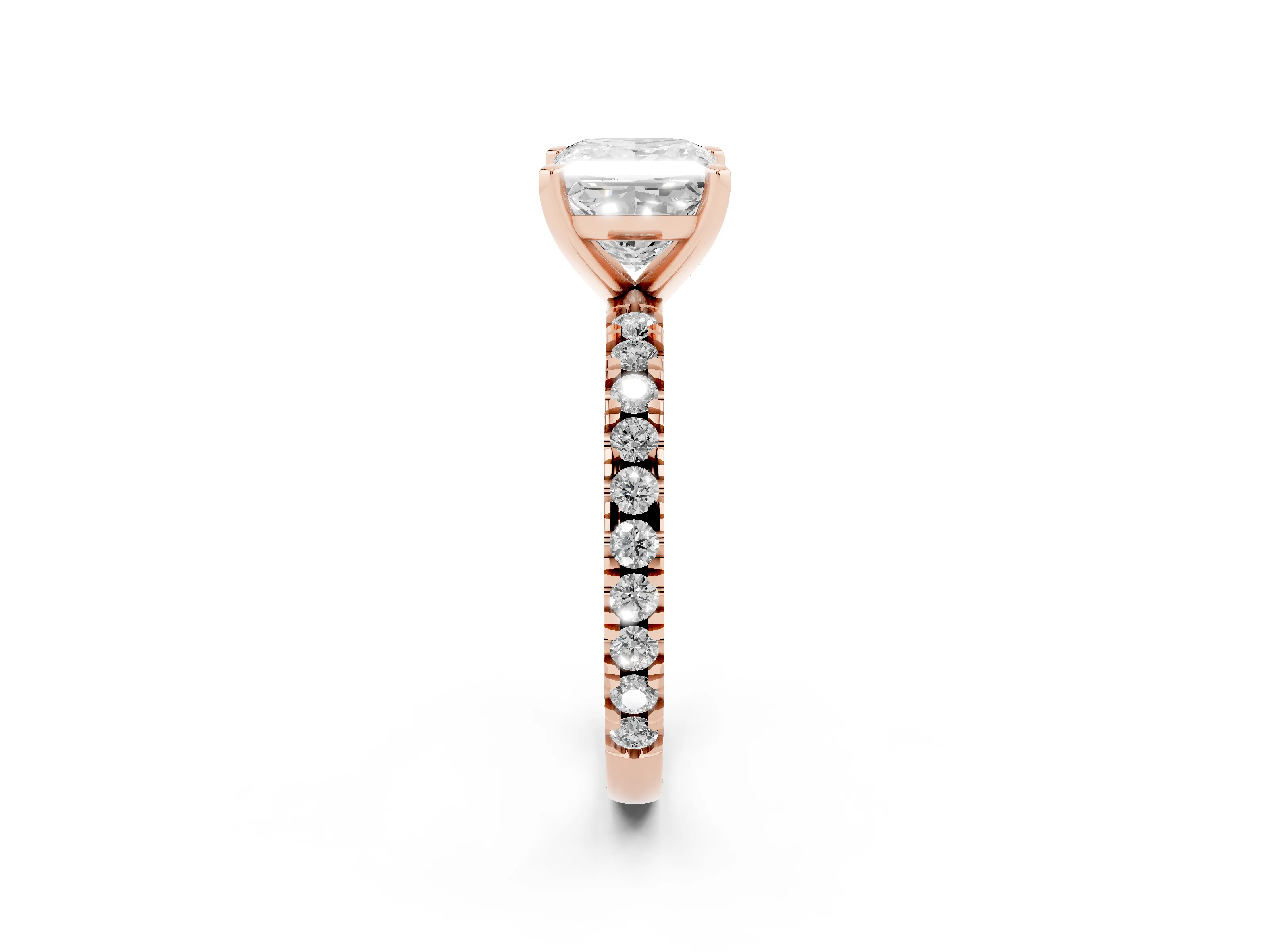 Princess Cut Diamond Pavé Band Solitaire Set in Rose gold with Prong Setting