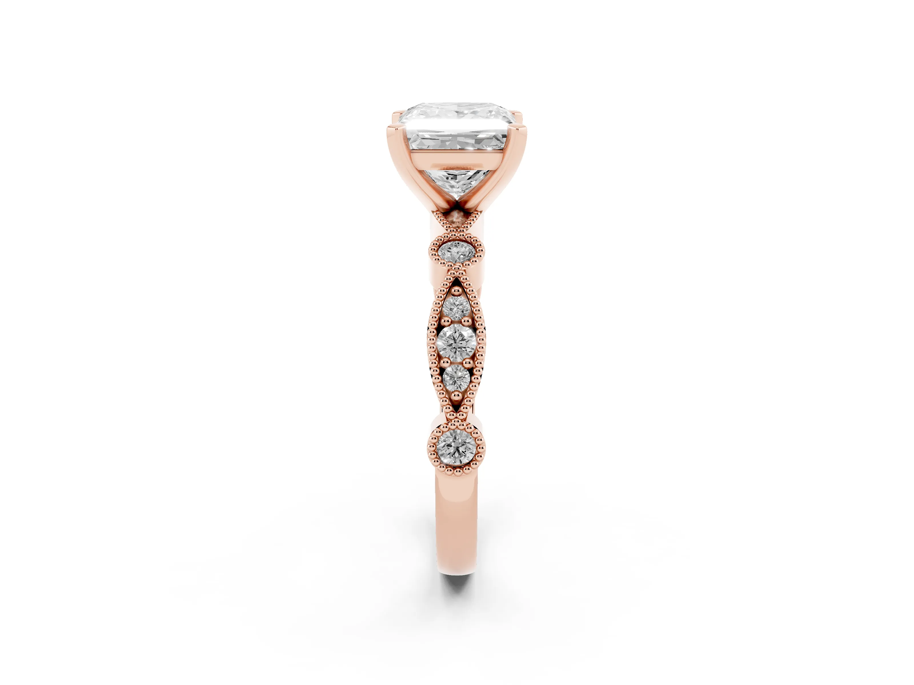 Princess Cut Diamond Solitaire Engagement Ring Set in Rose gold with Milgrain Bezel Accent Band
