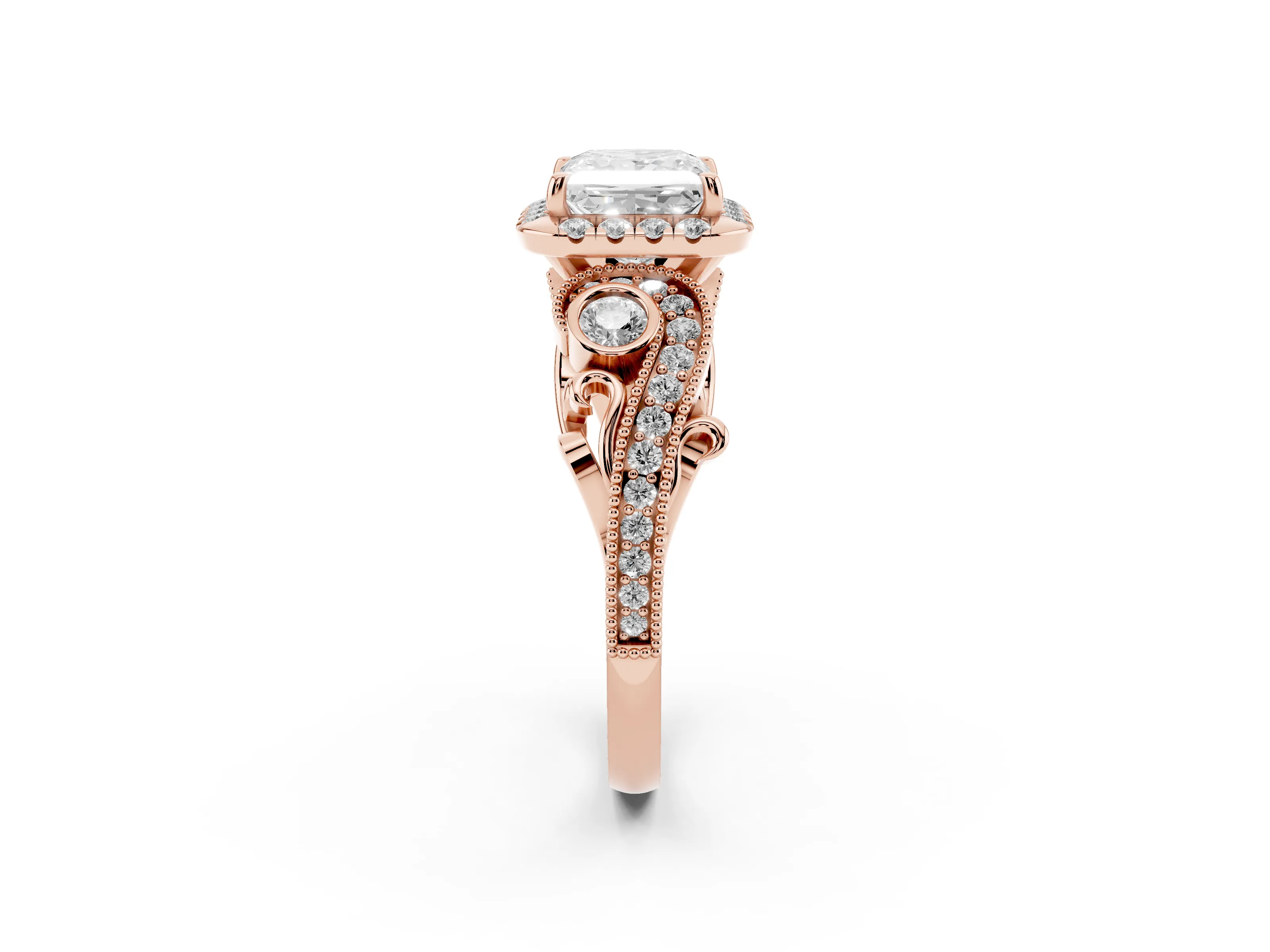 Princess Cut Diamond Halo Ring Set in Rose gold with Milgrain Pavé Band and Prong Setting