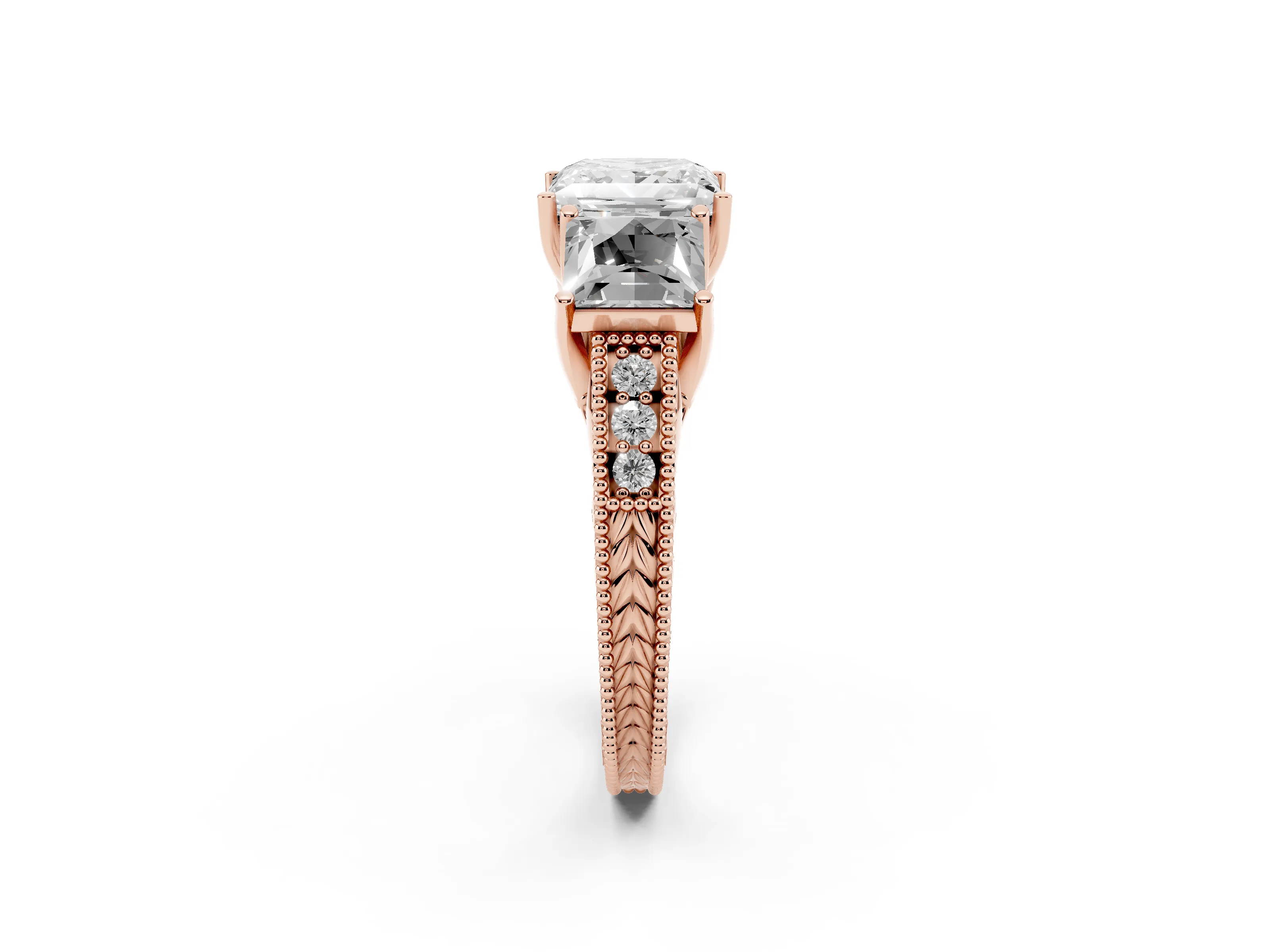 Princess Cut Diamond Three-Stone Engagement Ring Set in Rose gold with Milgrain Pavé Band