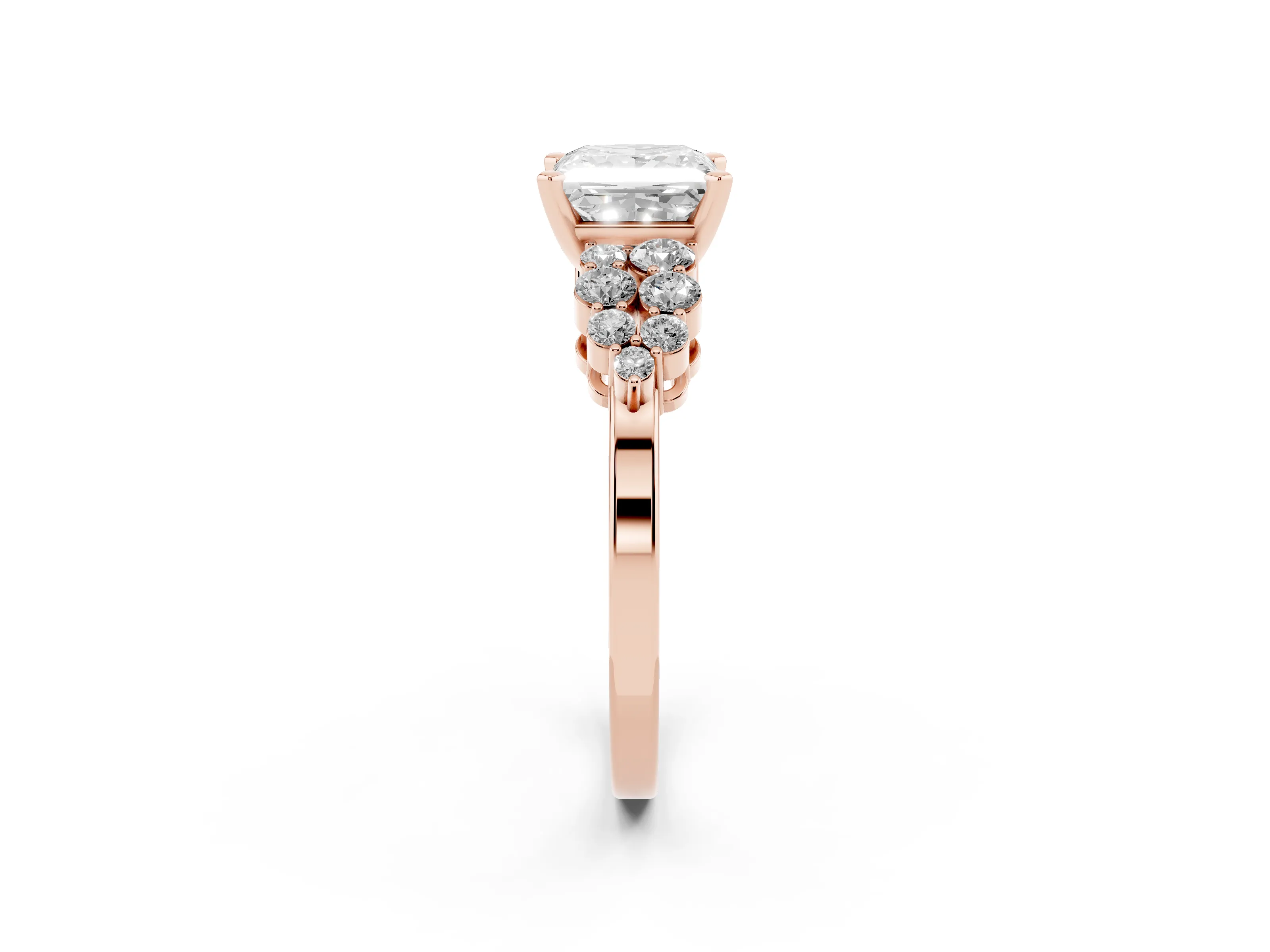 Princess Cut Diamond Cluster Engagement Ring Set in Rose gold with Pavé Band and Prong Setting