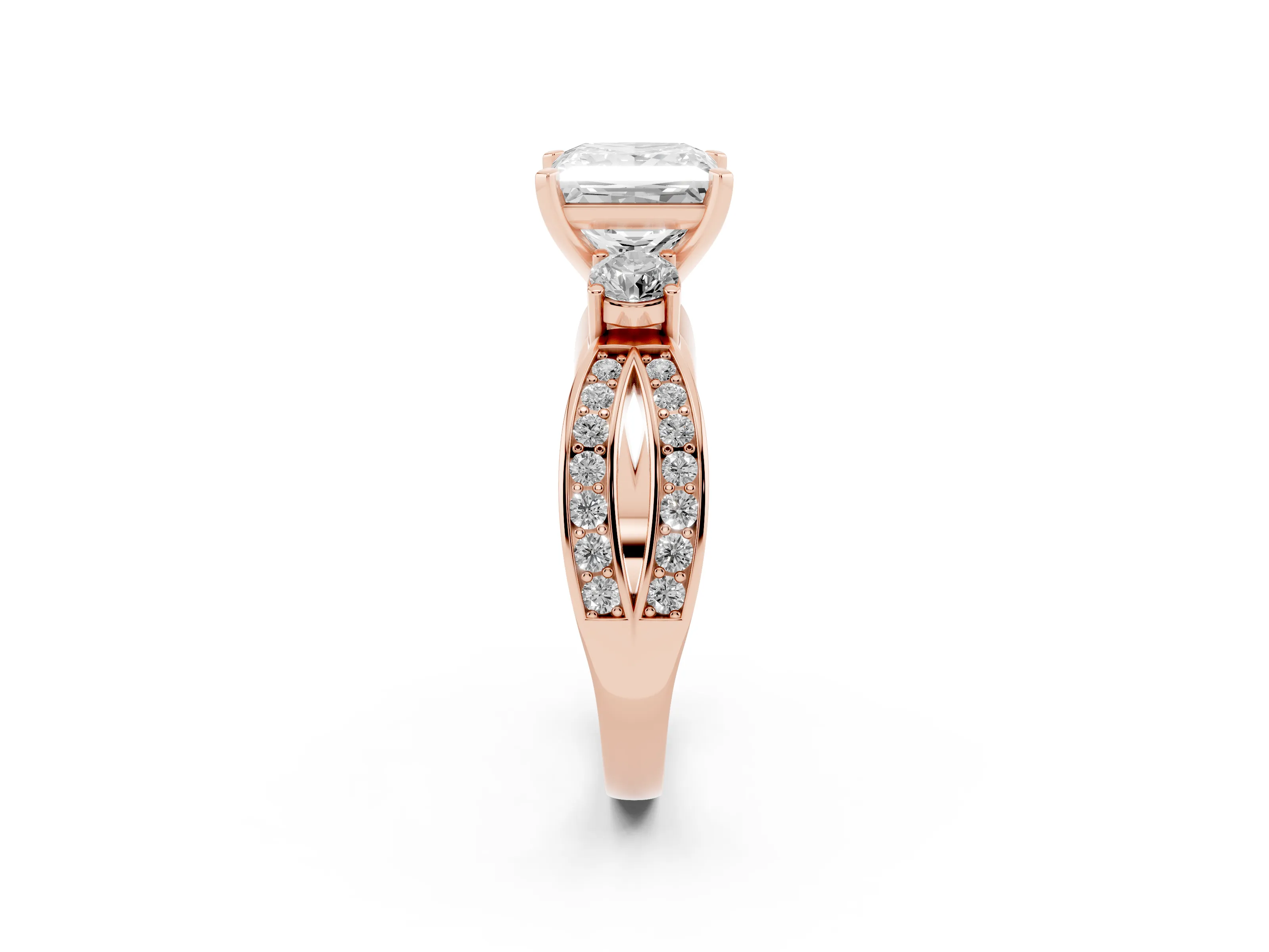 Three-Stone Princess Cut Diamond Twist Band Ring Set in Rose gold with Pavé Accents and Prong Setting