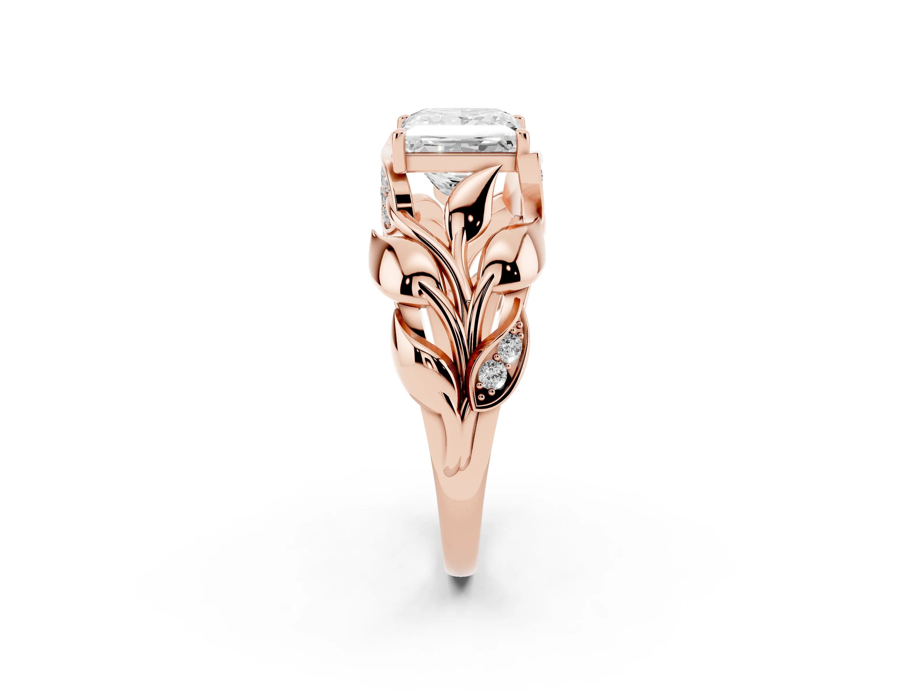 Princess Cut Diamond Leaf-Inspired Engagement Ring Set in Rose gold with Round Accents