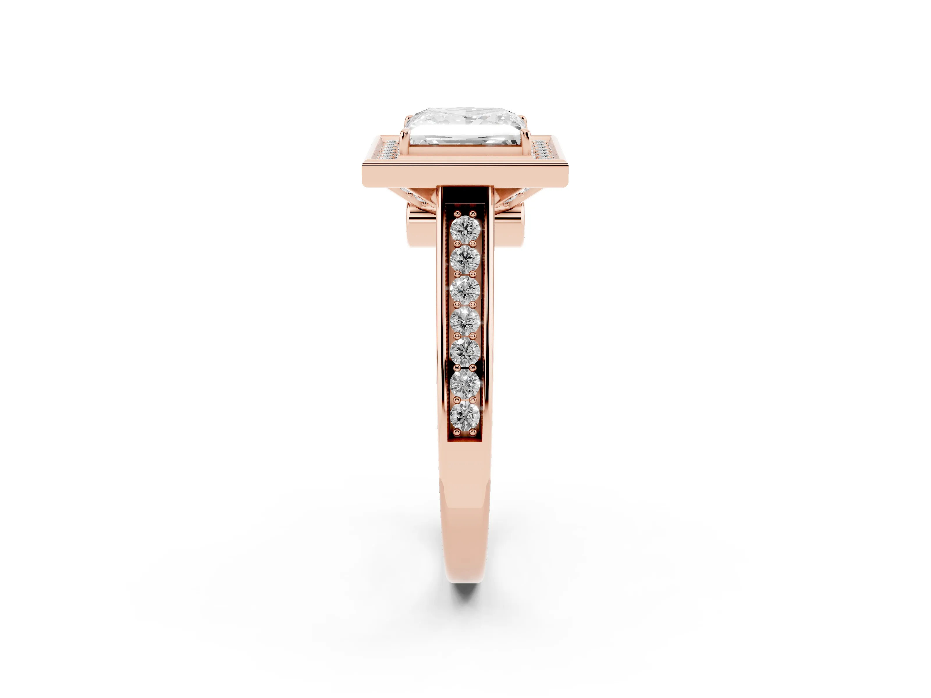 Princess Cut Diamond Halo Solitaire Ring Set in Rose gold with Pavé Band and Bezel Setting