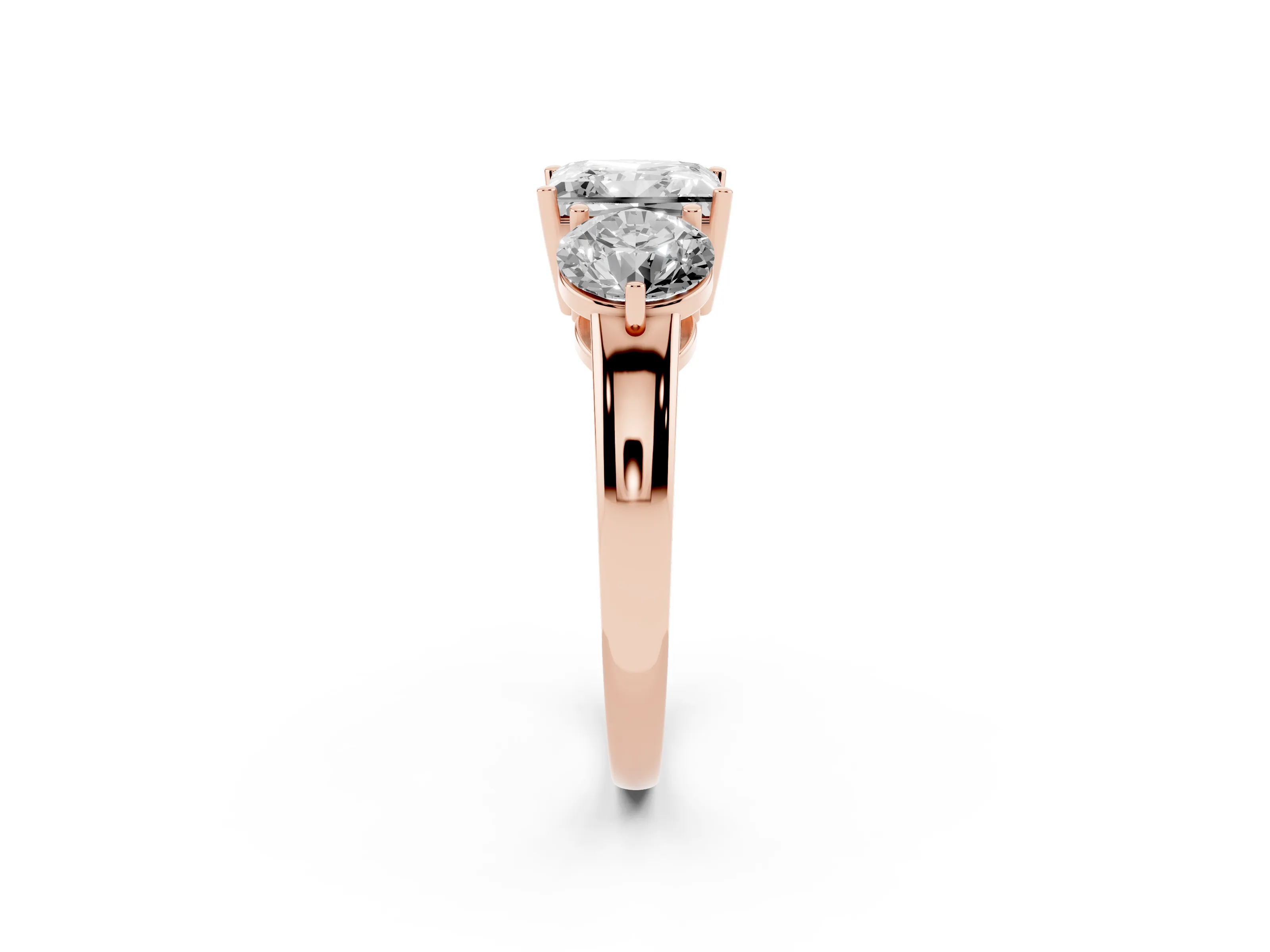 Princess Cut Diamond Three-Stone Ring Set in Rose gold with Prong Setting and Plain Band