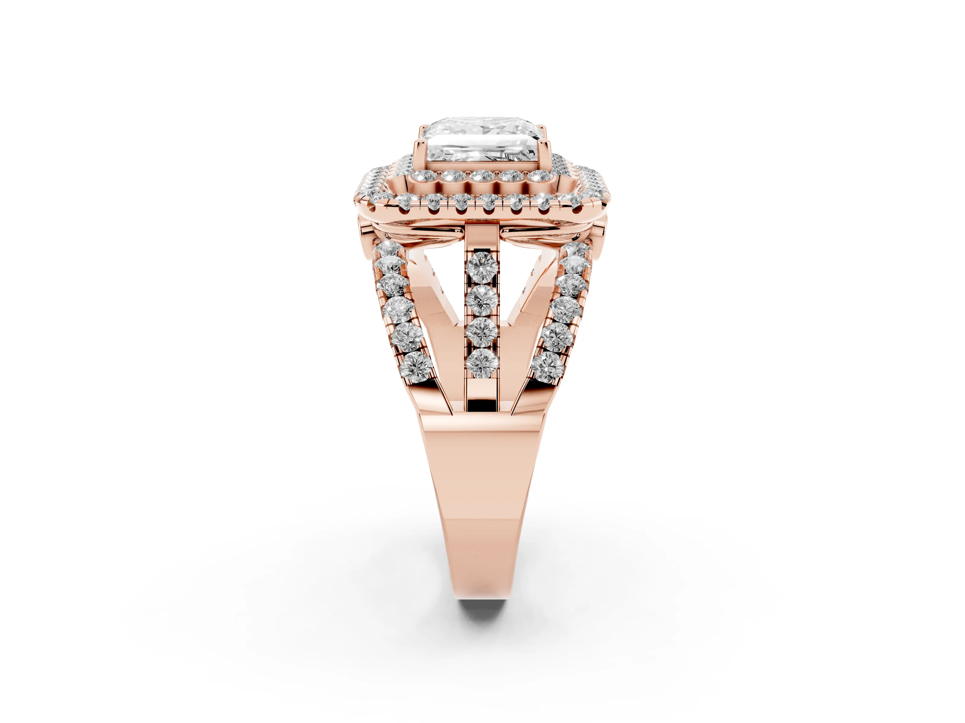 Princess Cut Diamond Double Halo Ring Set in Rose gold with Round Pavé Split Shank