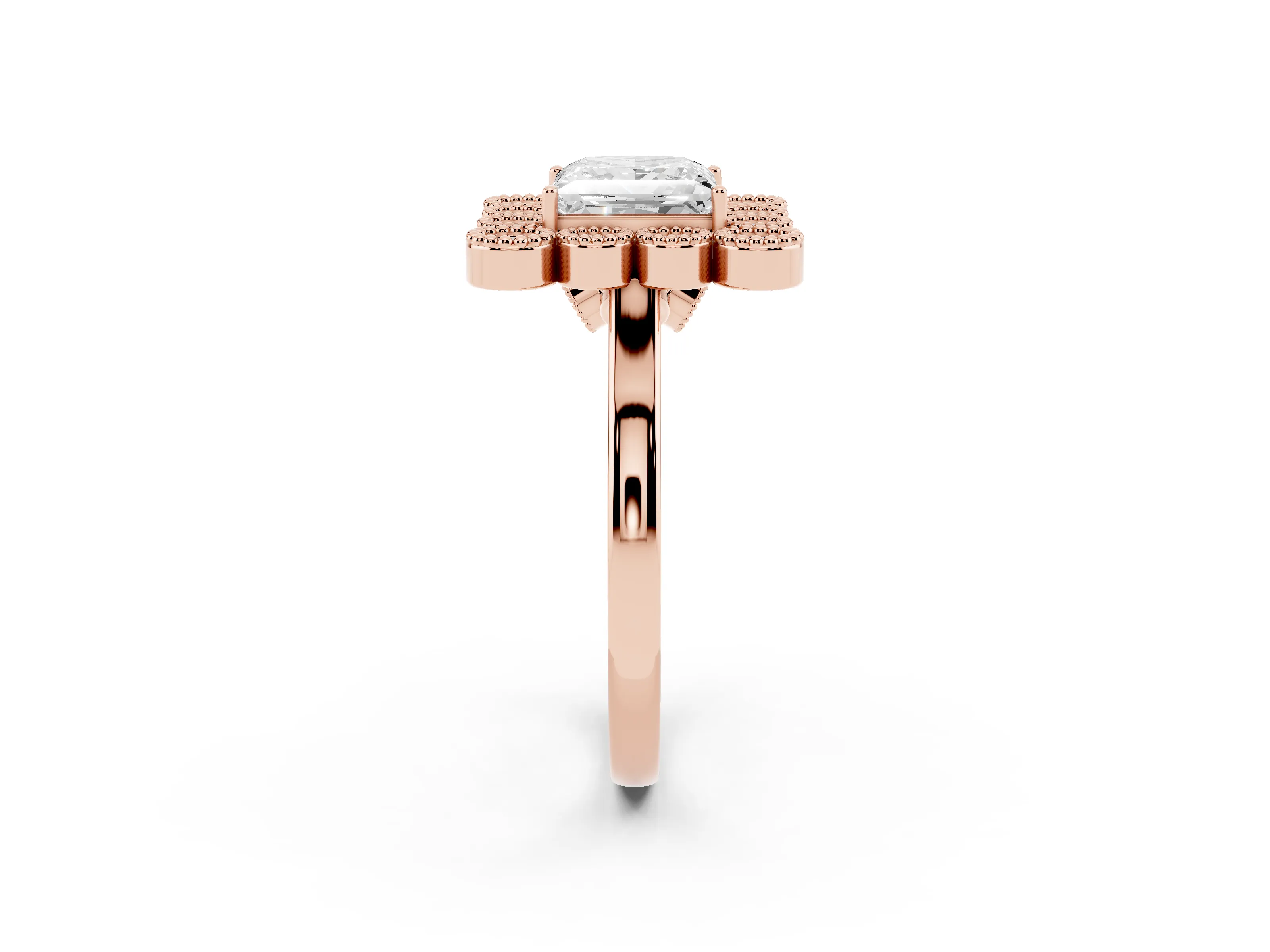 Princess Cut Diamond Cluster Halo Ring Set in Rose gold with Milgrain Bezel Accents and Plain Band