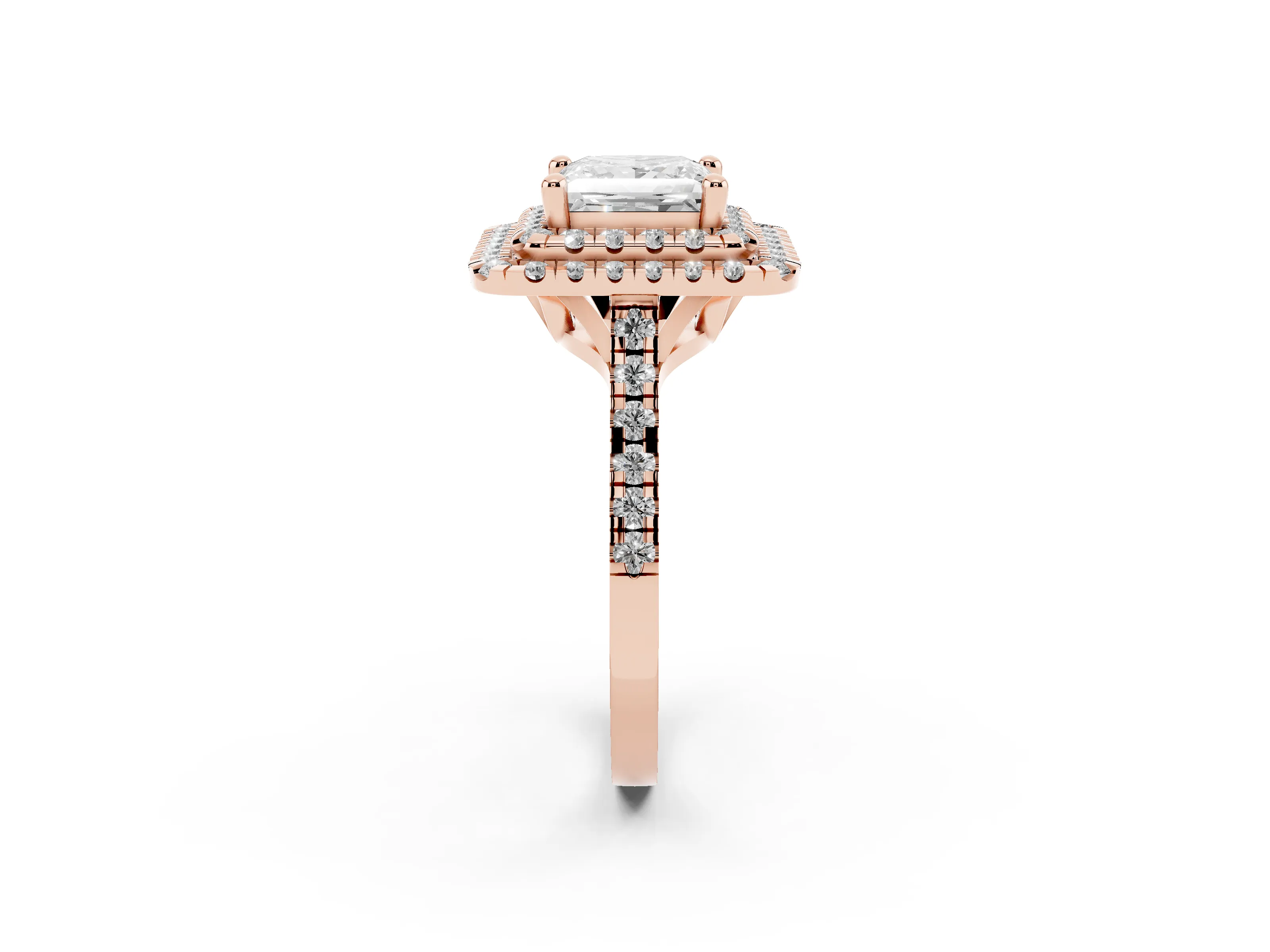 Princess Cut Diamond Double Halo Statement Ring Set in Rose gold with Pavé Band