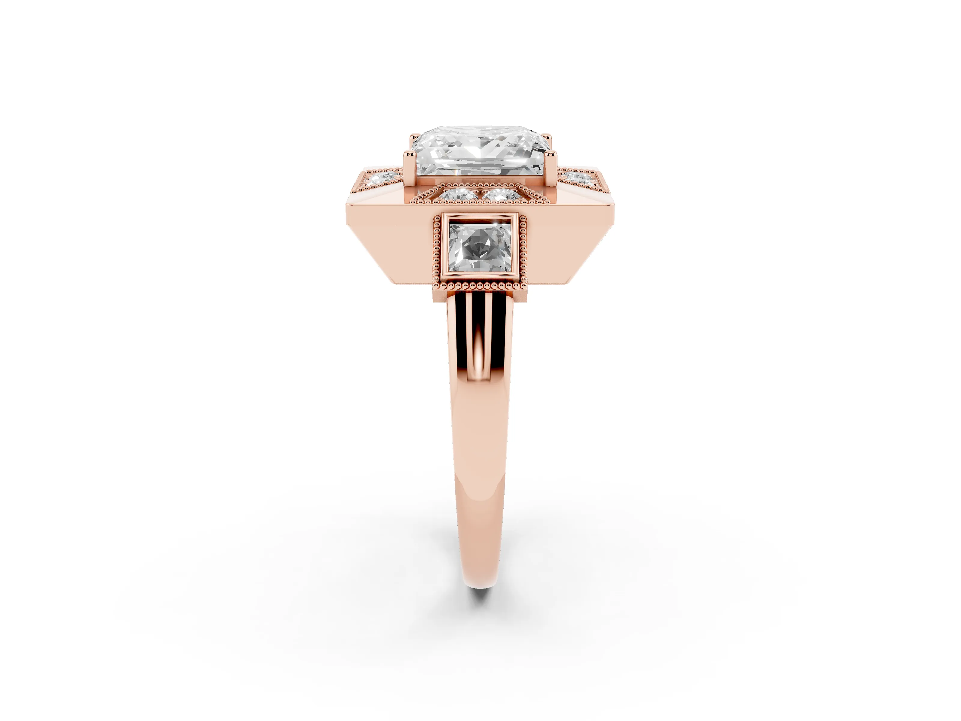 Princess Cut Diamond Milgrain Halo Ring Set in Rose gold with Split Shank