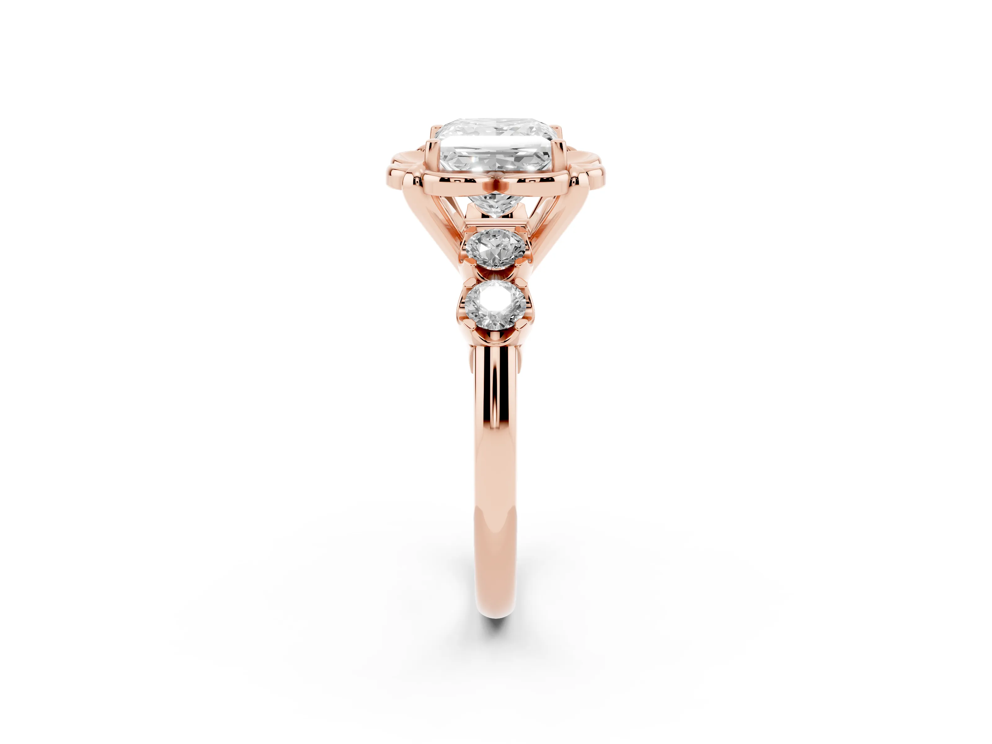 Princess Cut Diamond Floral Halo Ring Set in Rose gold with Shared Prong Band
