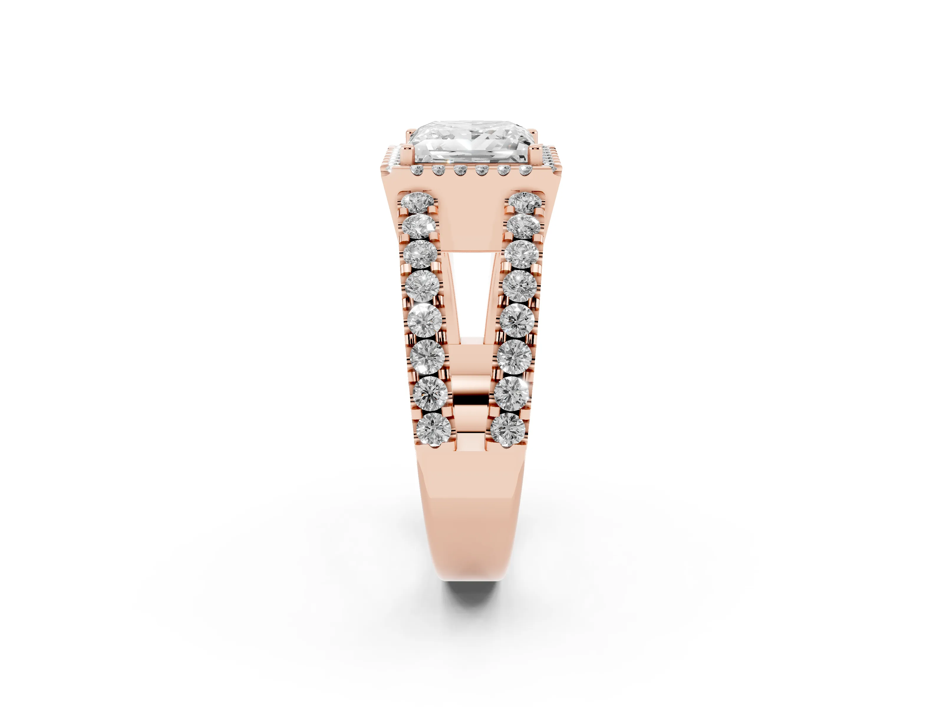 Princess Cut Diamond Halo Ring Set in Rose gold with Pavé Split Shank and Prong Setting