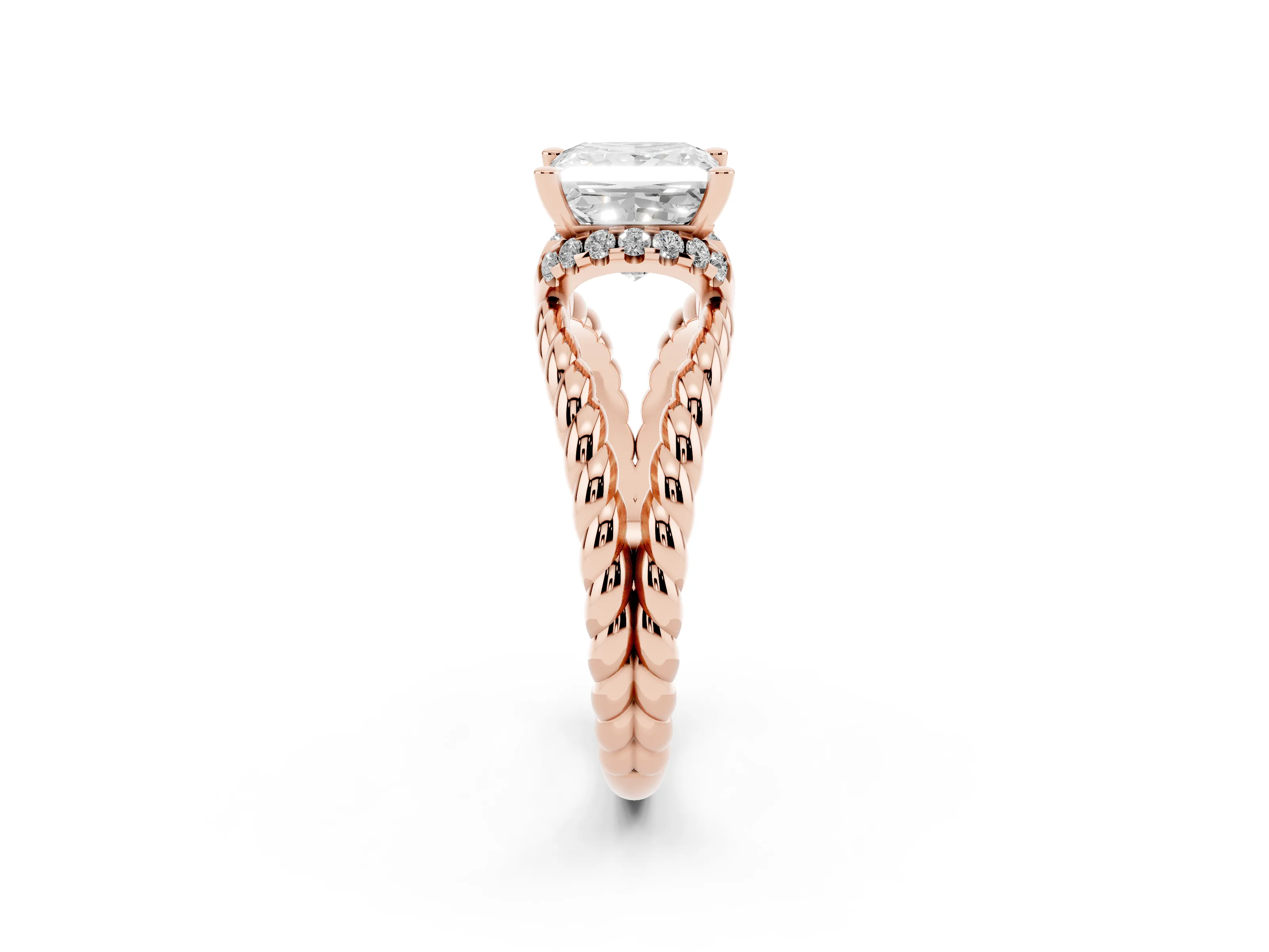 Princess Cut Diamond Halo Ring Set in Rose gold with Twisted Band and Prong Setting