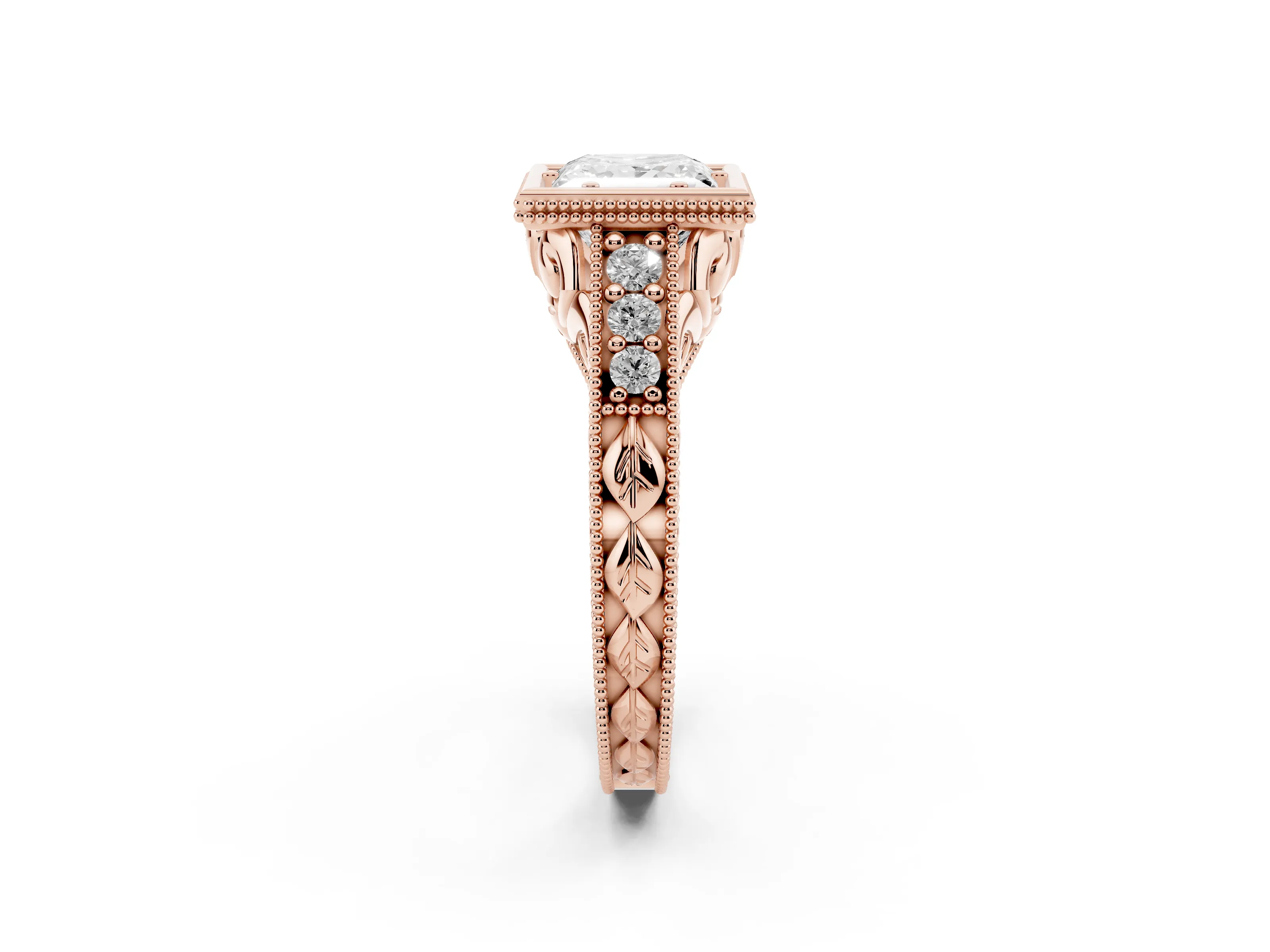 Bezel Set Princess Cut Diamond Milgrain Pavé Engagement Ring Set in Rose gold
