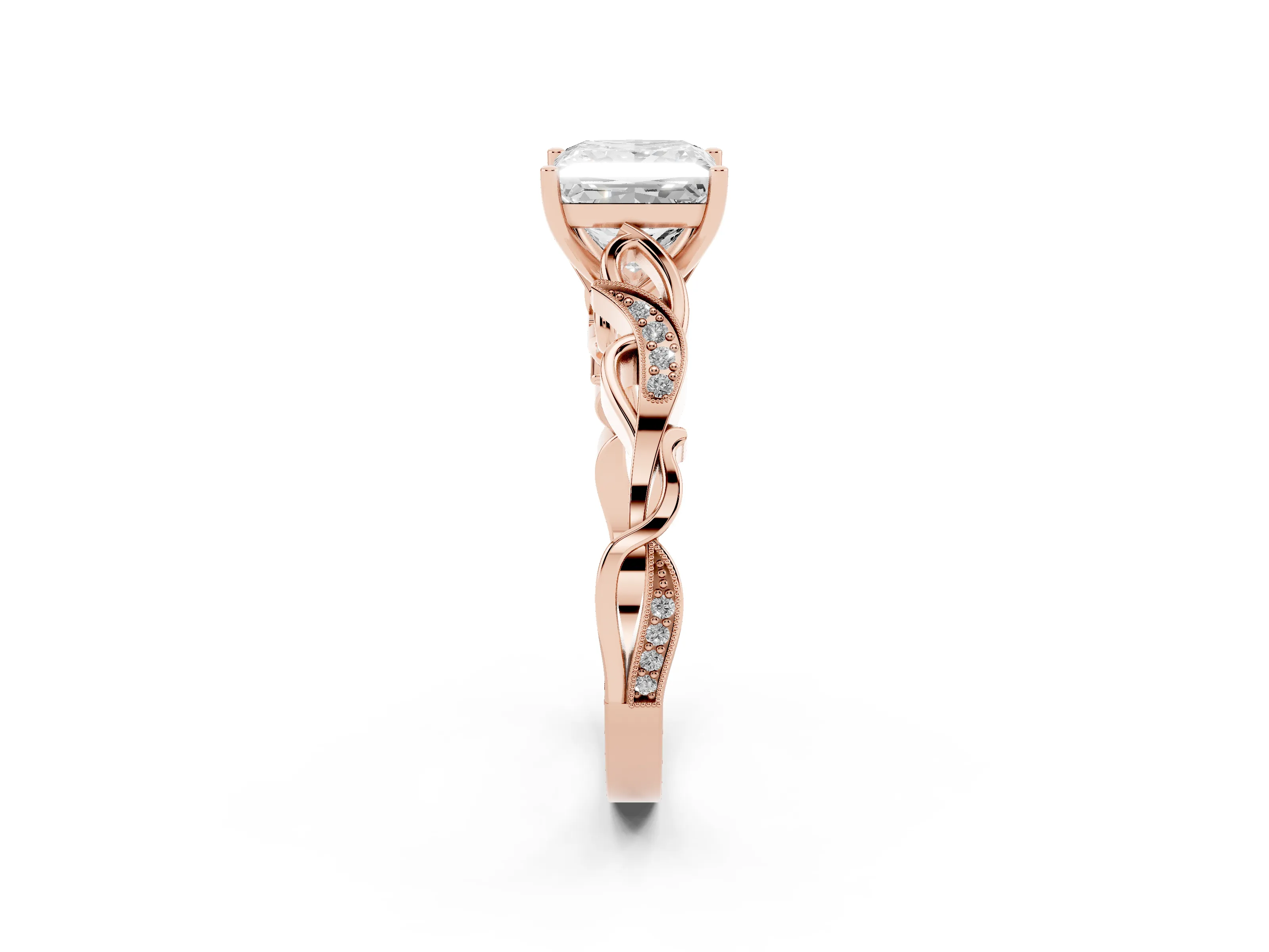 Princess Cut Diamond Vine Band Solitaire Ring Set in Rose gold with Milgrain Prong Setting