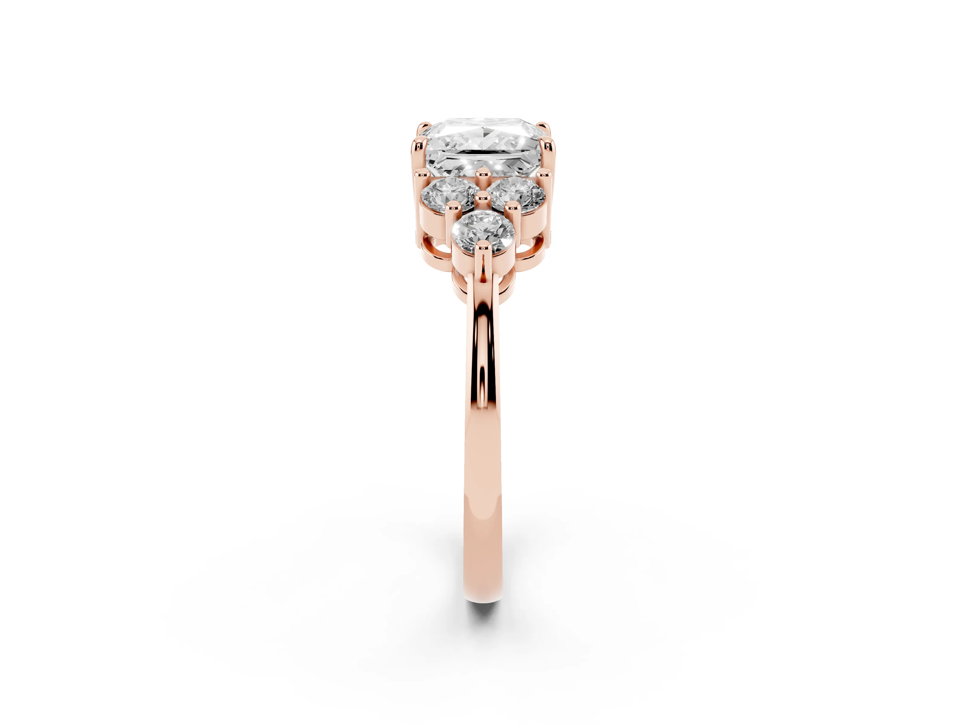 Princess Cut Diamond Solitaire Ring Set in Rose gold with Cluster Accents on Each Side