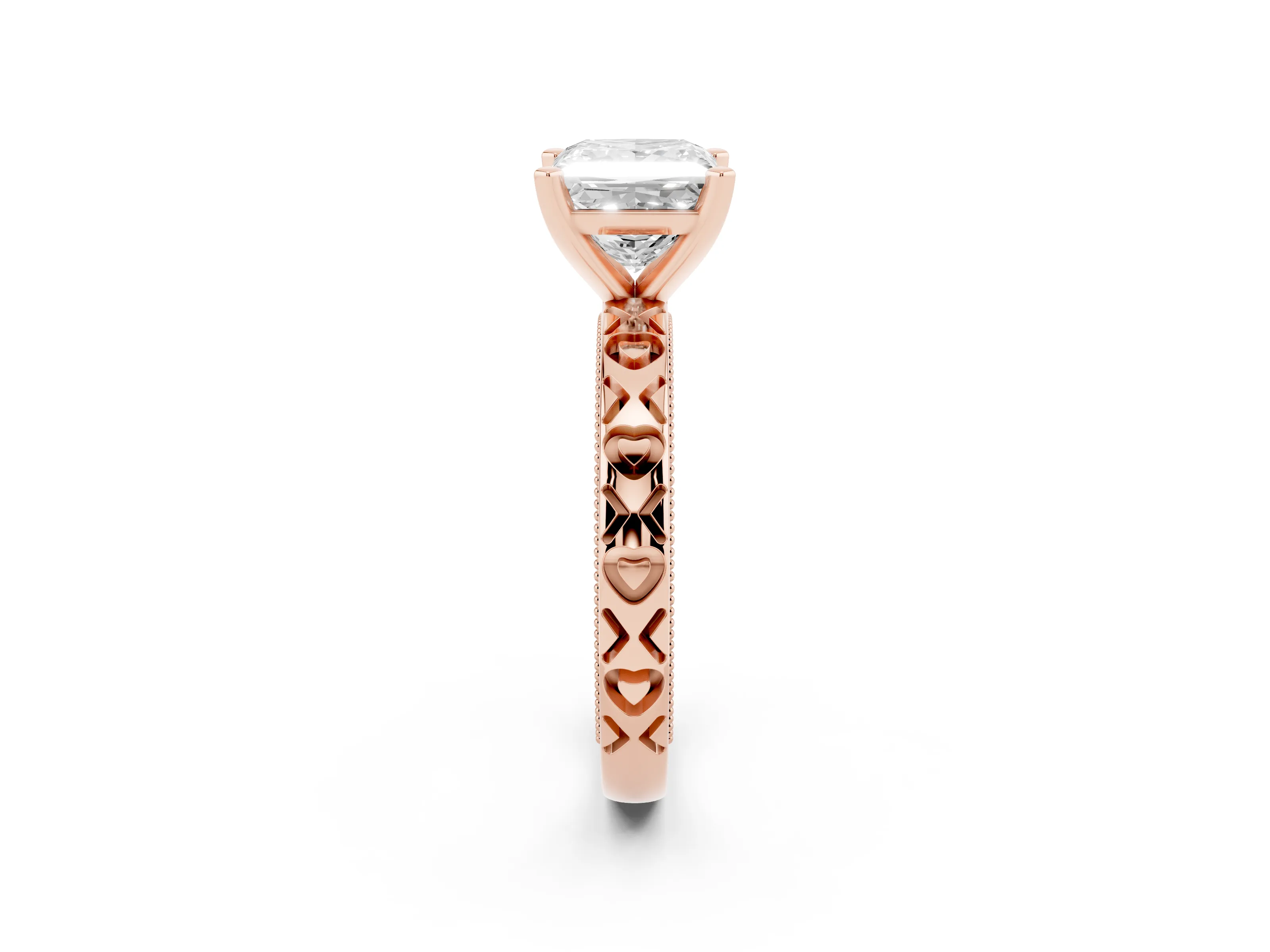 Princess Cut Diamond Solitaire Engagement Ring Set in Rose gold with XO Engraved Band and Prong Setting