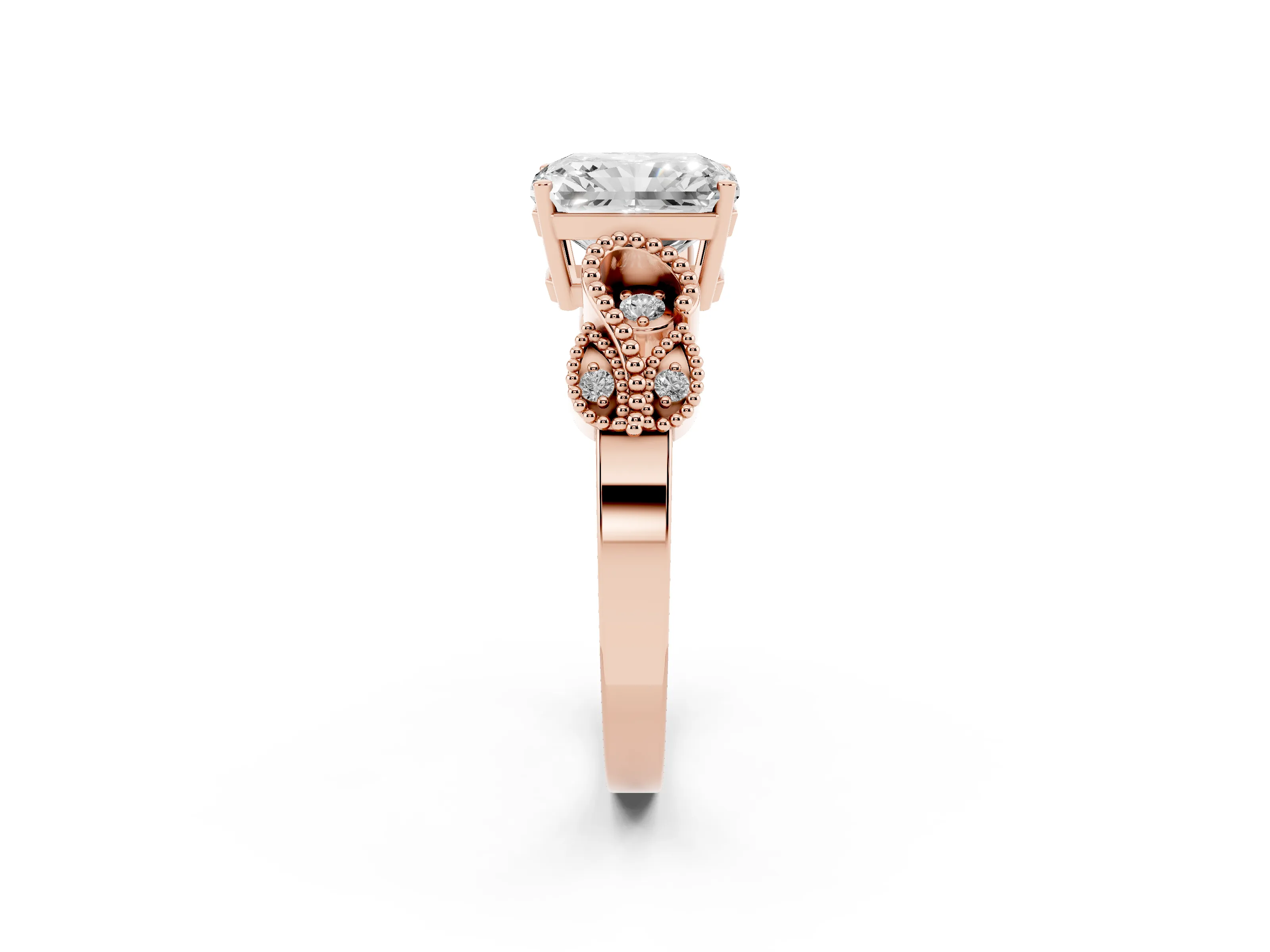Princess Cut Diamond Milgrain Leaf Band Solitaire Ring Set in Rose gold with Accent Stones and Prong Setting