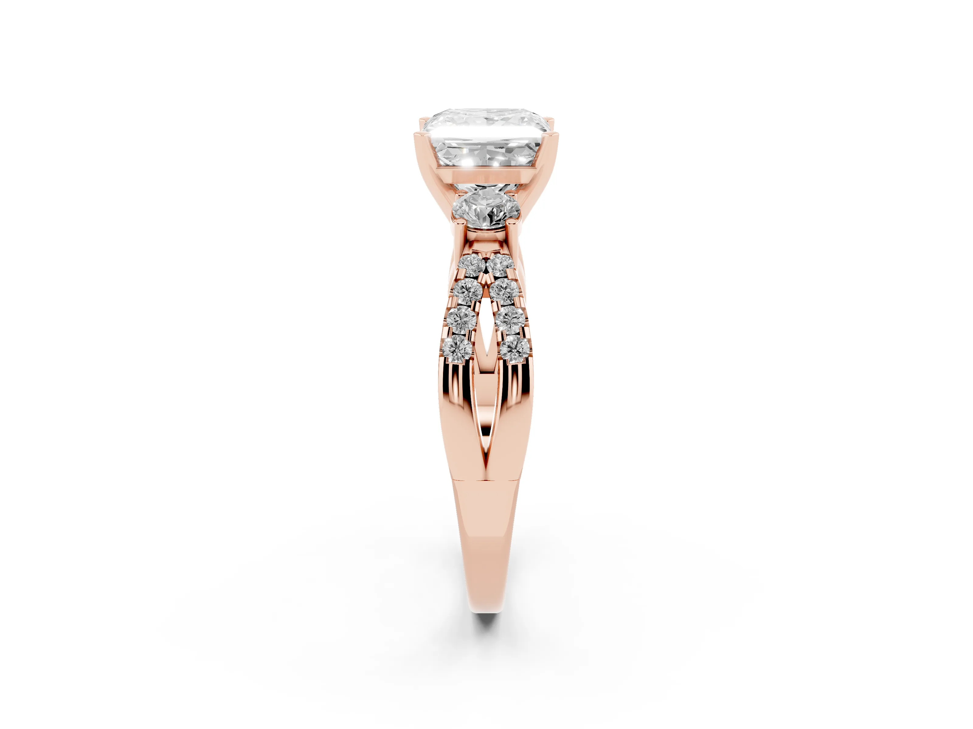 Princess Cut Diamond Three-Stone Ring Set in Rose gold with Pavé Split Shank and Prong Setting