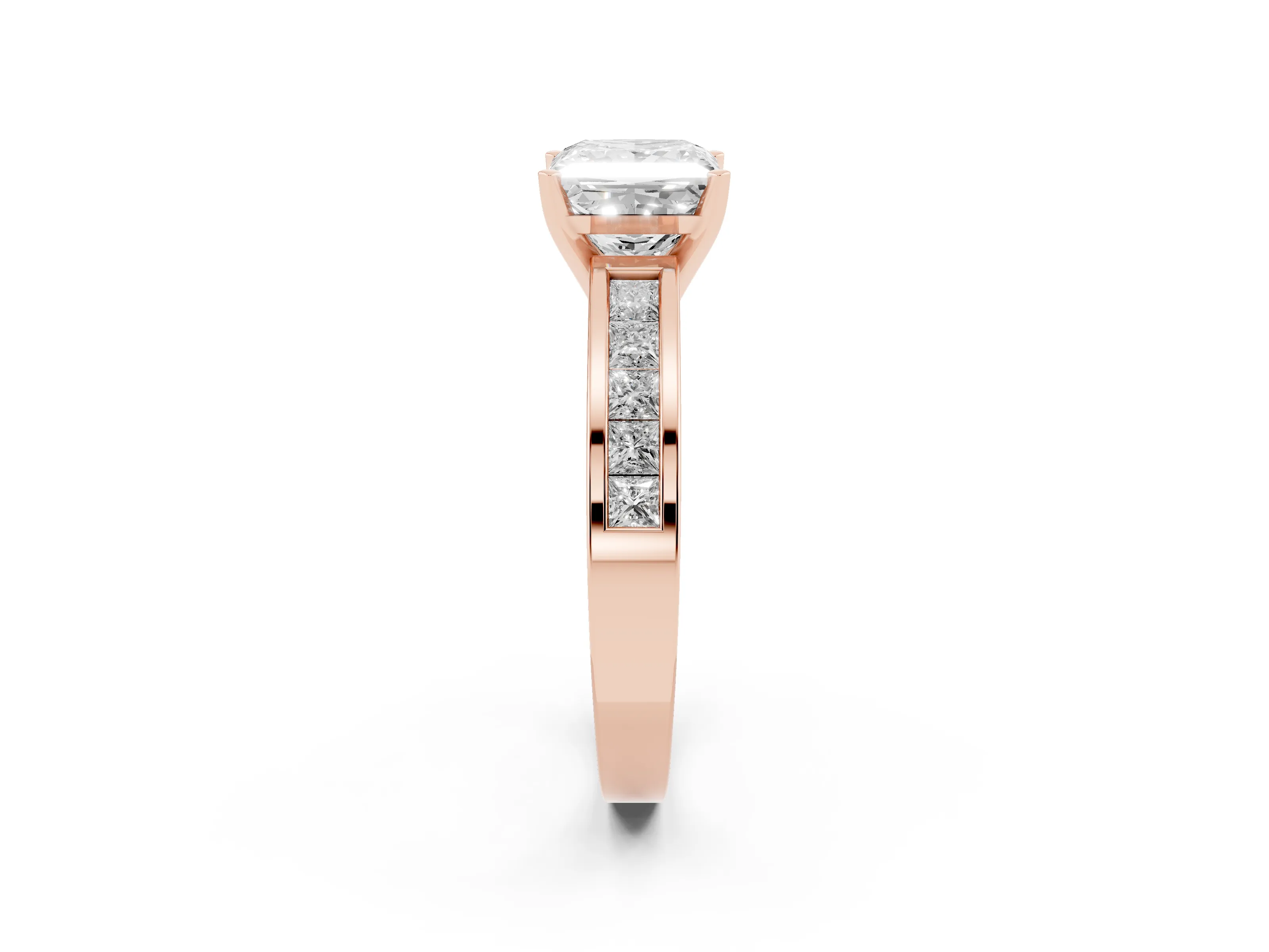Princess Cut Diamond Solitaire Ring Set in Rose gold with Channel-Set Band and Prong Setting
