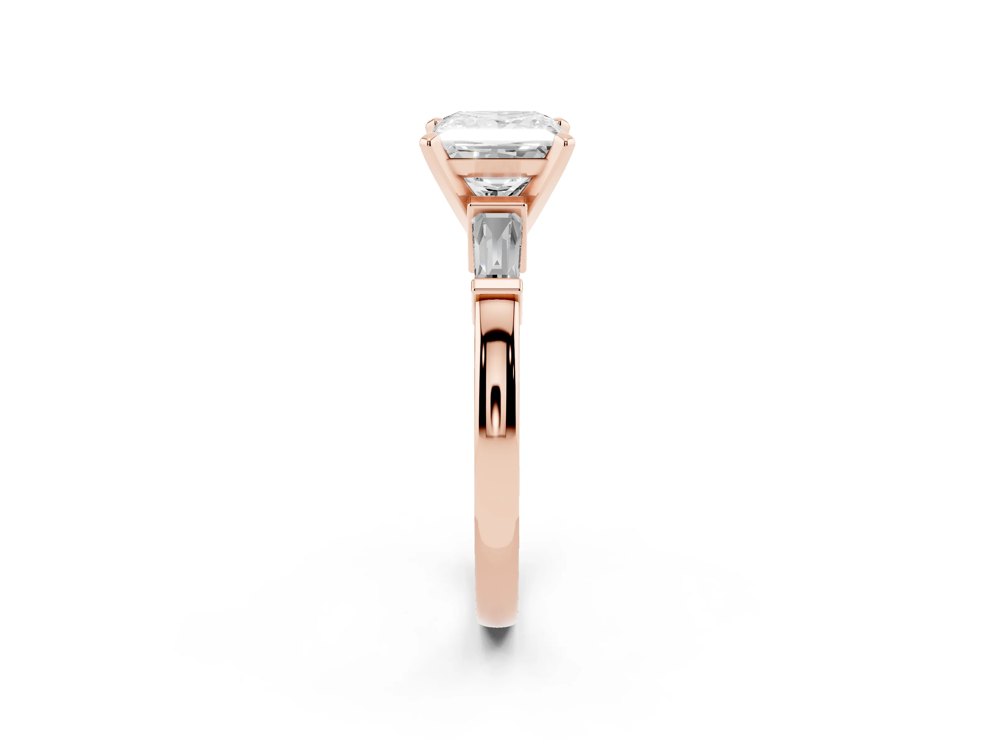Princess Cut Diamond Solitaire Ring Set in Rose gold with Tapered Baguette Accents and Prong Setting