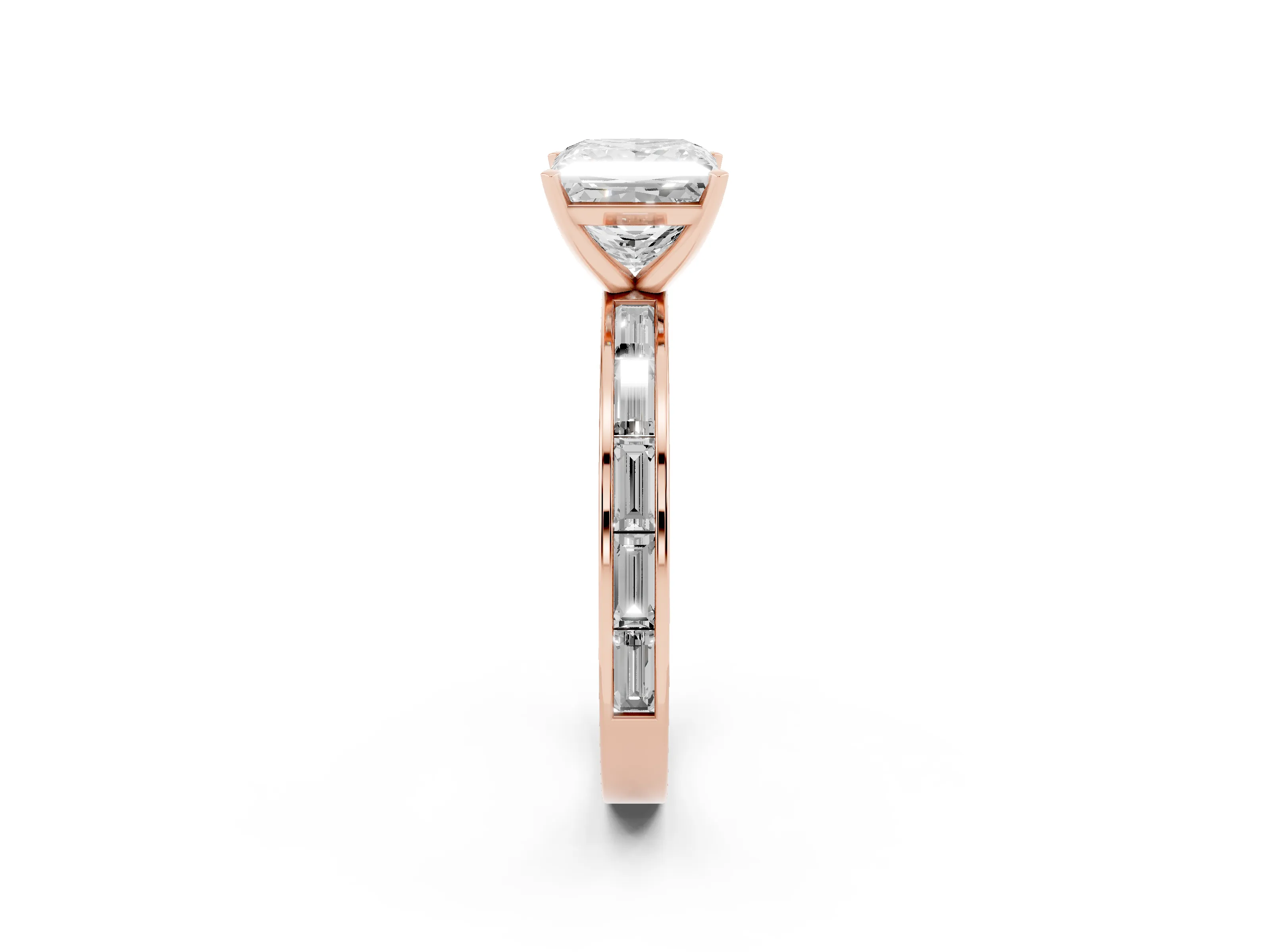 Princess Cut Diamond Solitaire Ring Set in Rose gold with Channel-Set Baguette Band and Prong Setting
