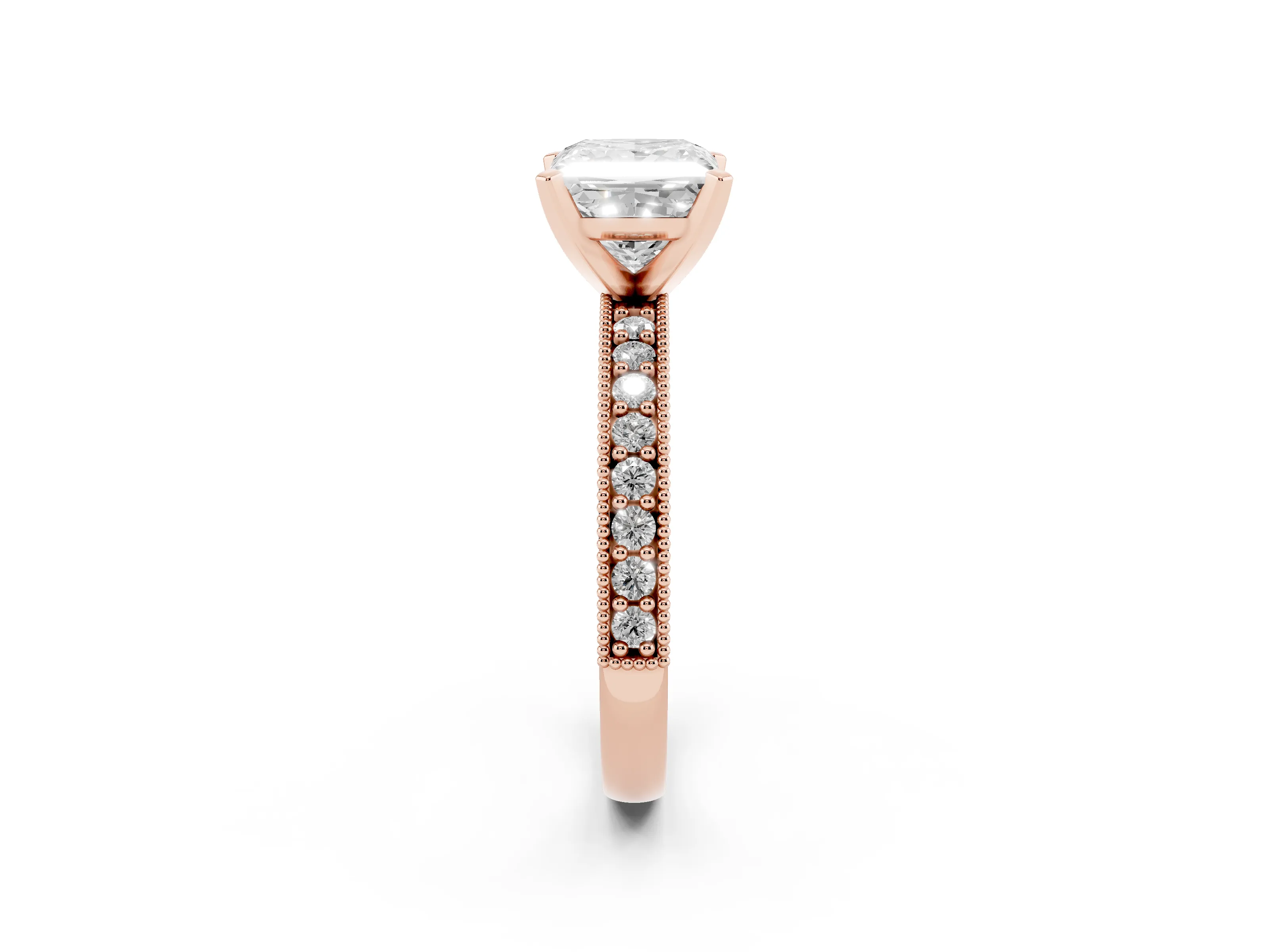Princess Cut Diamond Milgrain Pavé Engagement Ring Set in Rose gold with Prong Setting